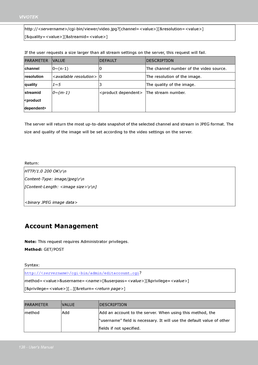 Vivotek SD8111 manual Account Management, Product Dependent 