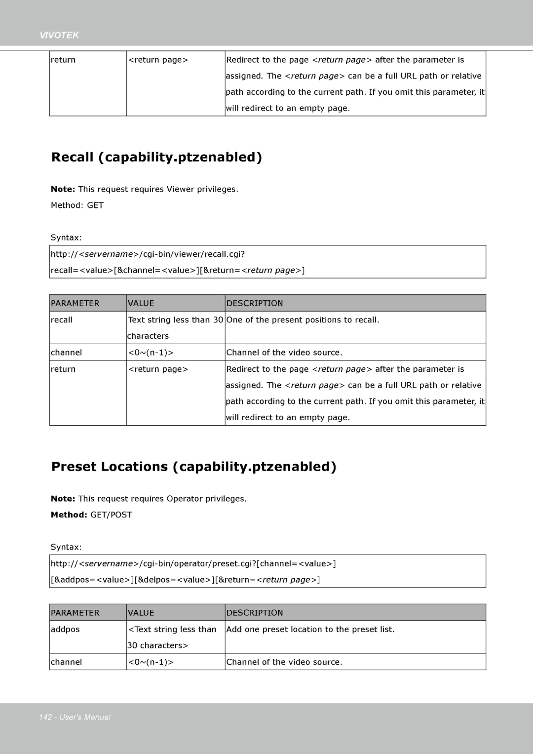 Vivotek SD8111 manual Recall capability.ptzenabled, Preset Locations capability.ptzenabled 