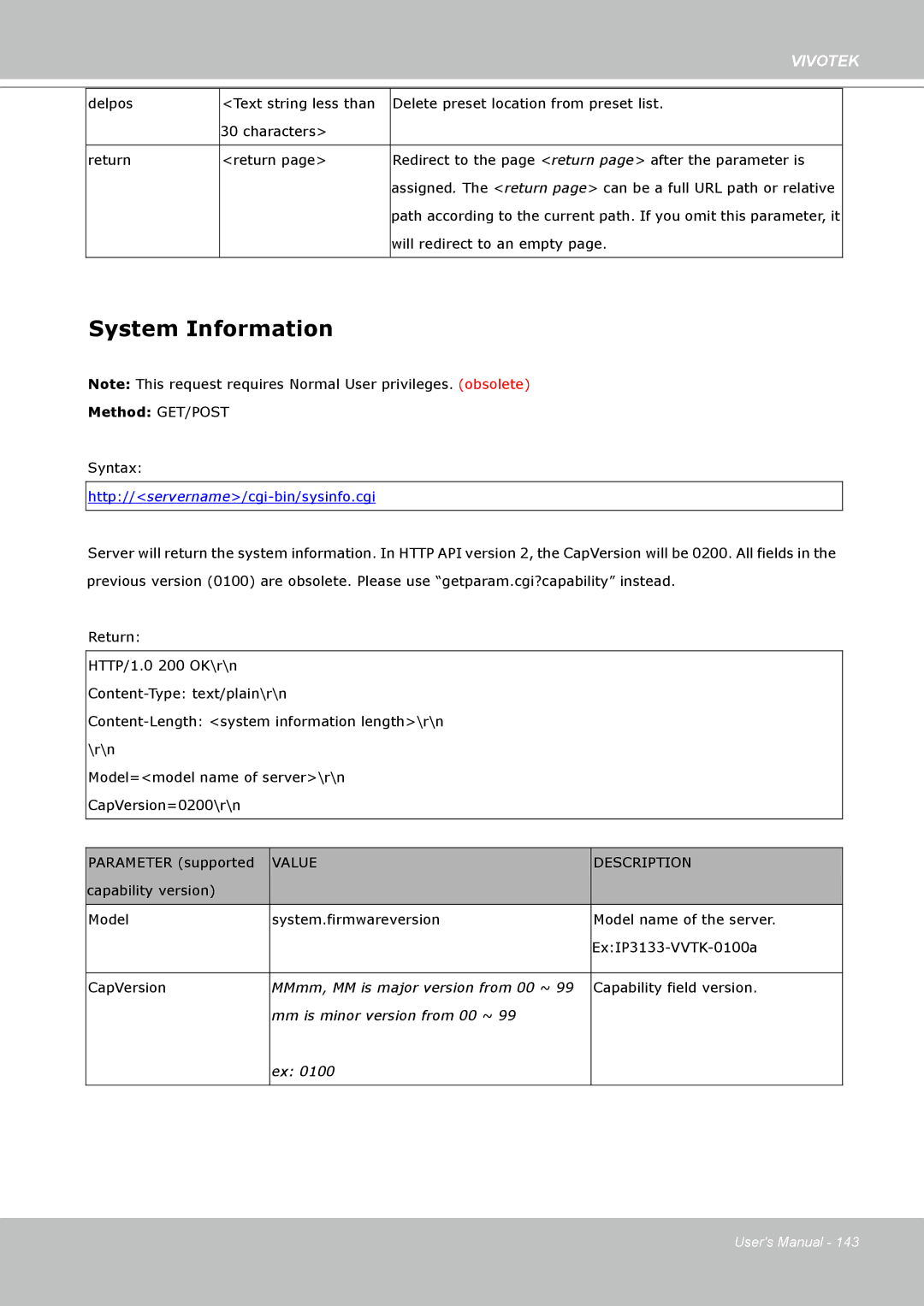 Vivotek SD8111 manual System Information, Http//servername/cgi-bin/sysinfo.cgi 