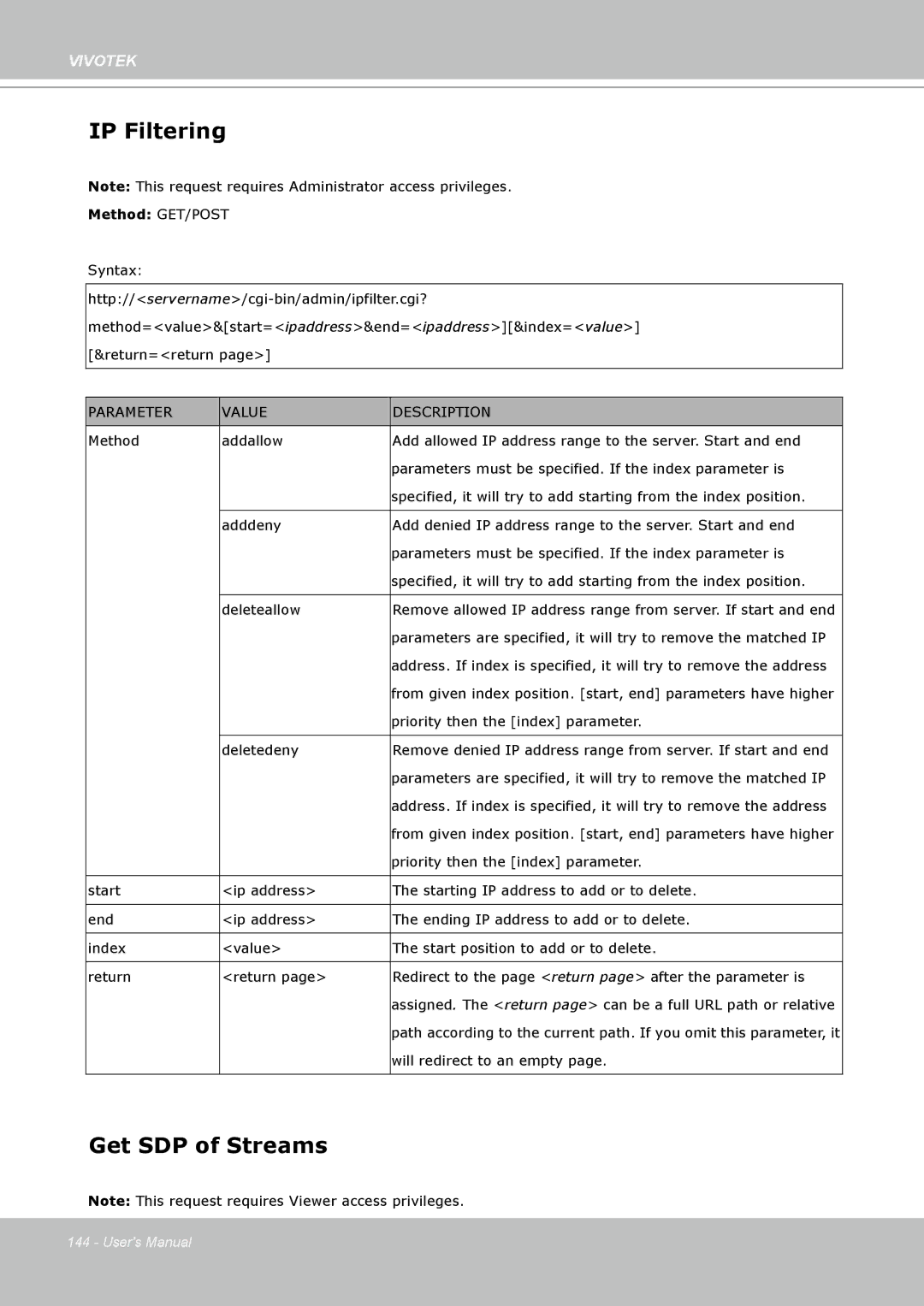 Vivotek SD8111 manual IP Filtering, Get SDP of Streams 