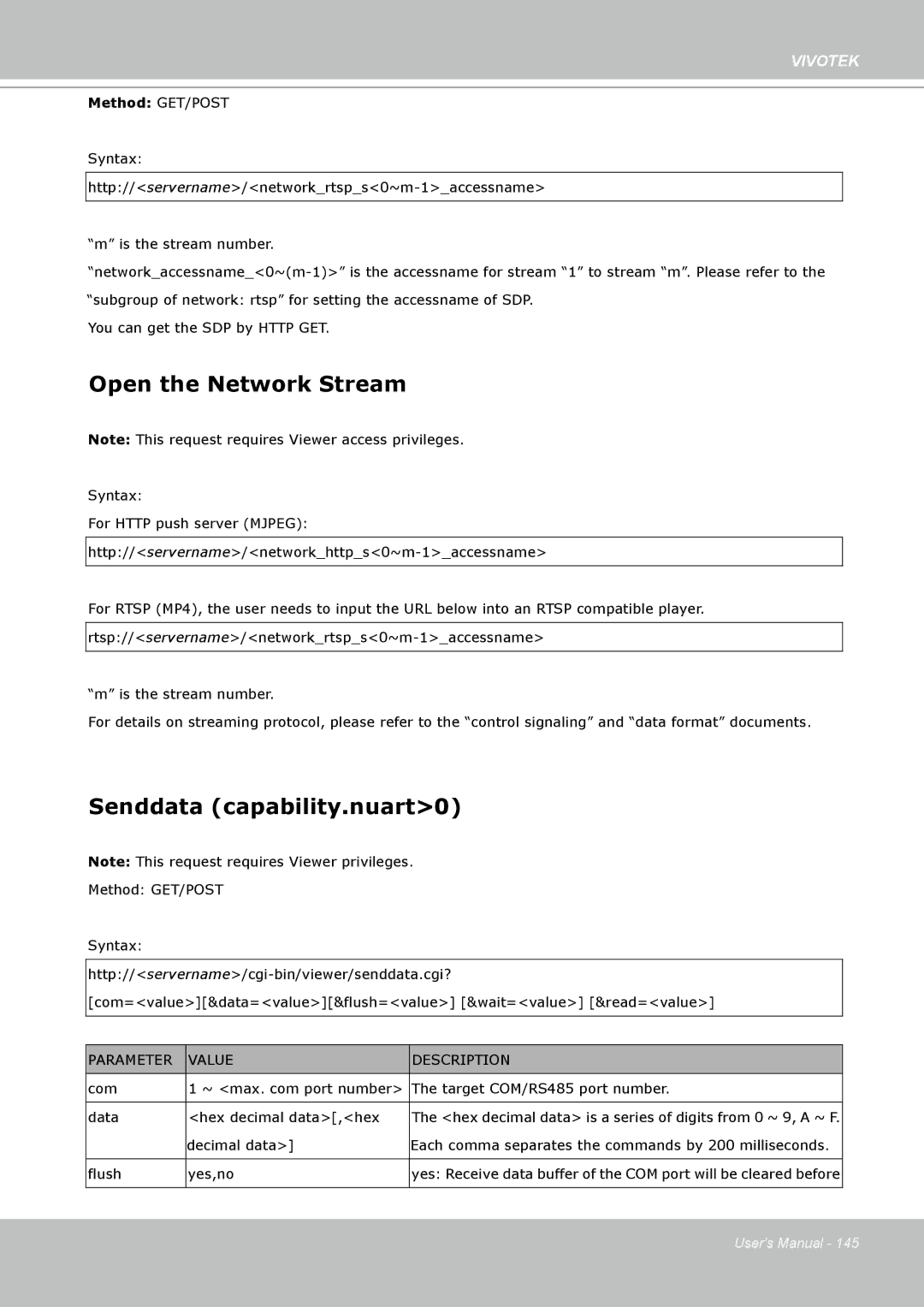 Vivotek SD8111 manual Open the Network Stream, Senddata capability.nuart0 