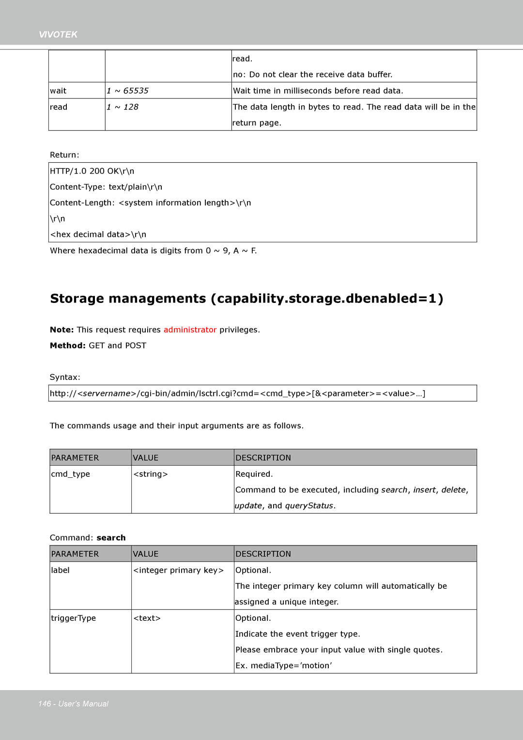 Vivotek SD8111 manual Storage managements capability.storage.dbenabled=1, Update , and queryStatus 