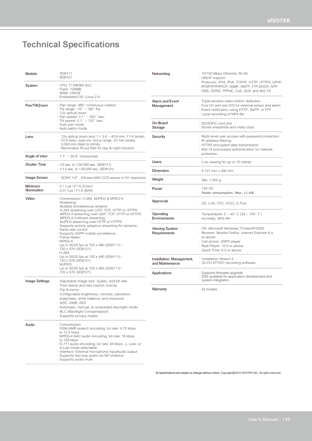 Vivotek SD8111 manual Technical Specifications 