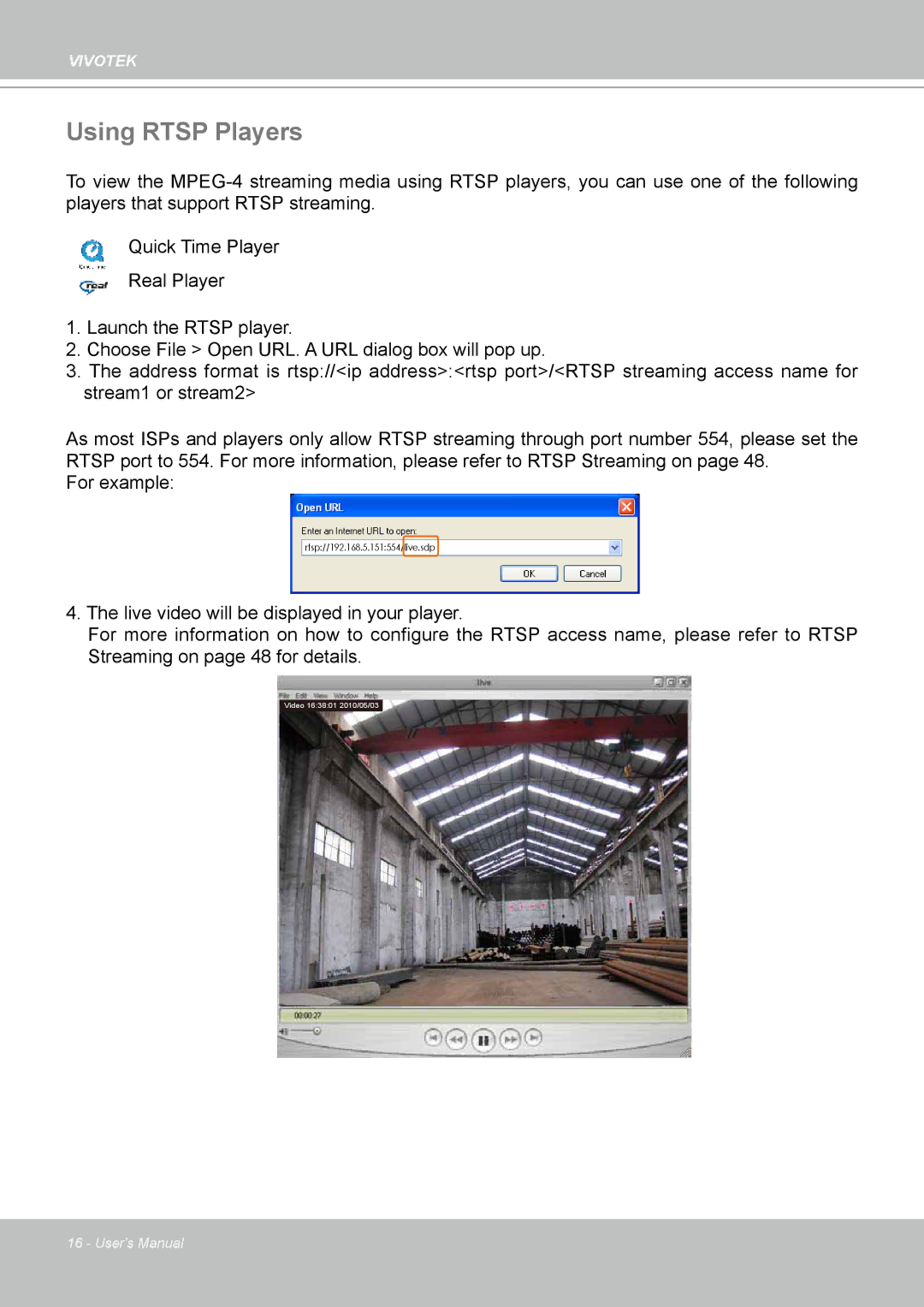 Vivotek SD8111 manual Using Rtsp Players 