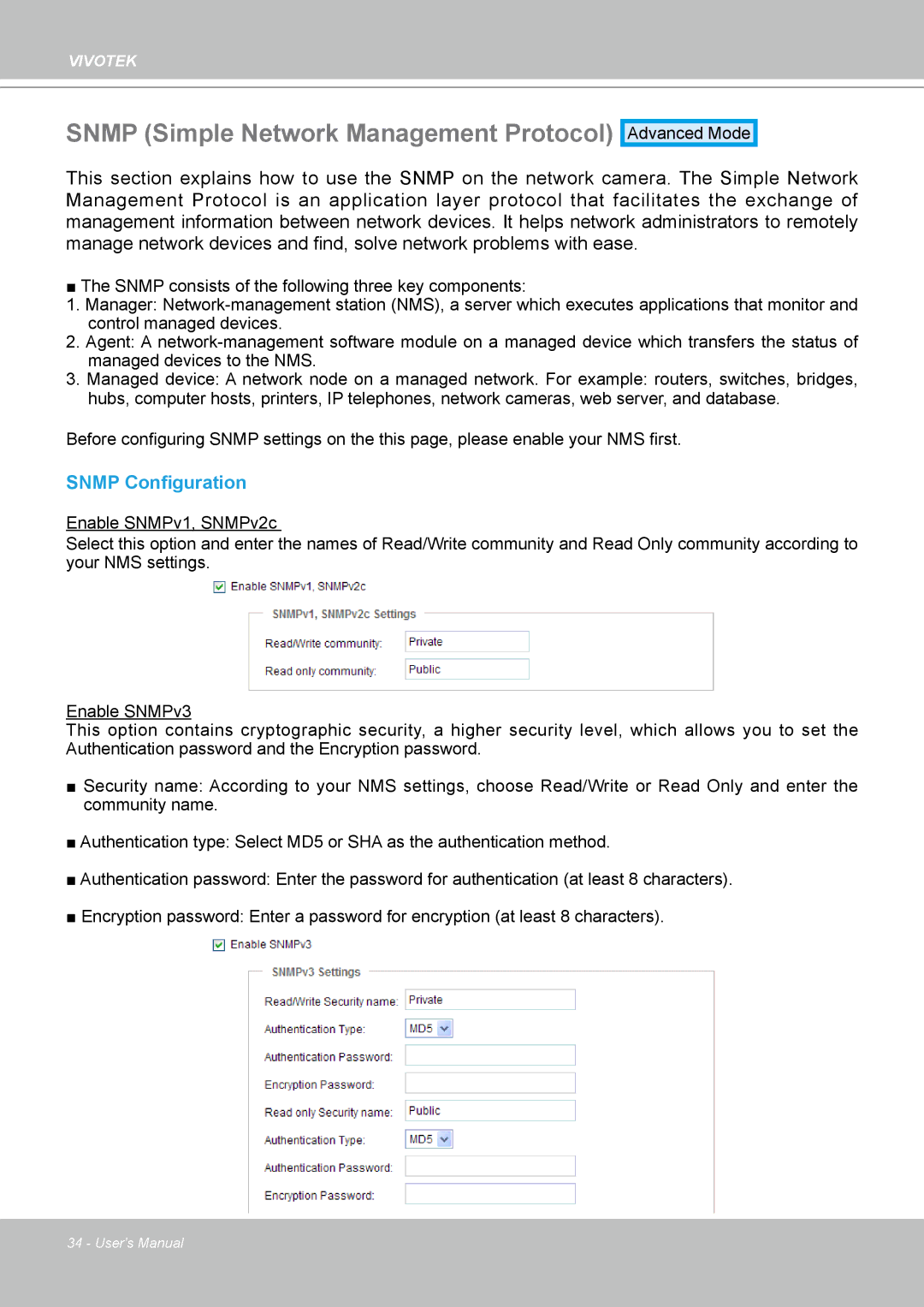 Vivotek SD8111 manual Snmp Simple Network Management Protocol, Snmp Configuration 