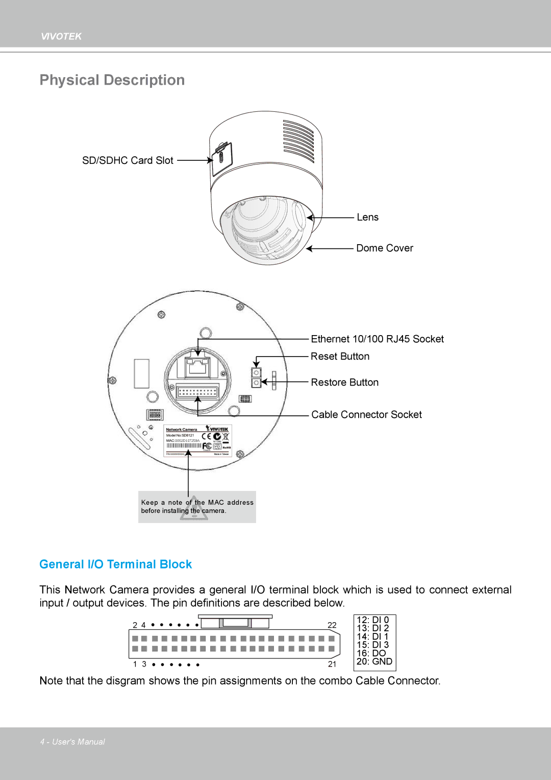 Vivotek SD8111 manual Physical Description, General I/O Terminal Block 