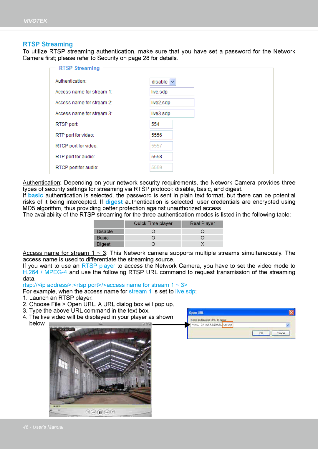 Vivotek SD8111 manual Rtsp Streaming 