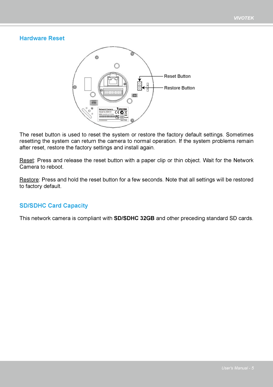 Vivotek SD8111 manual Hardware Reset 