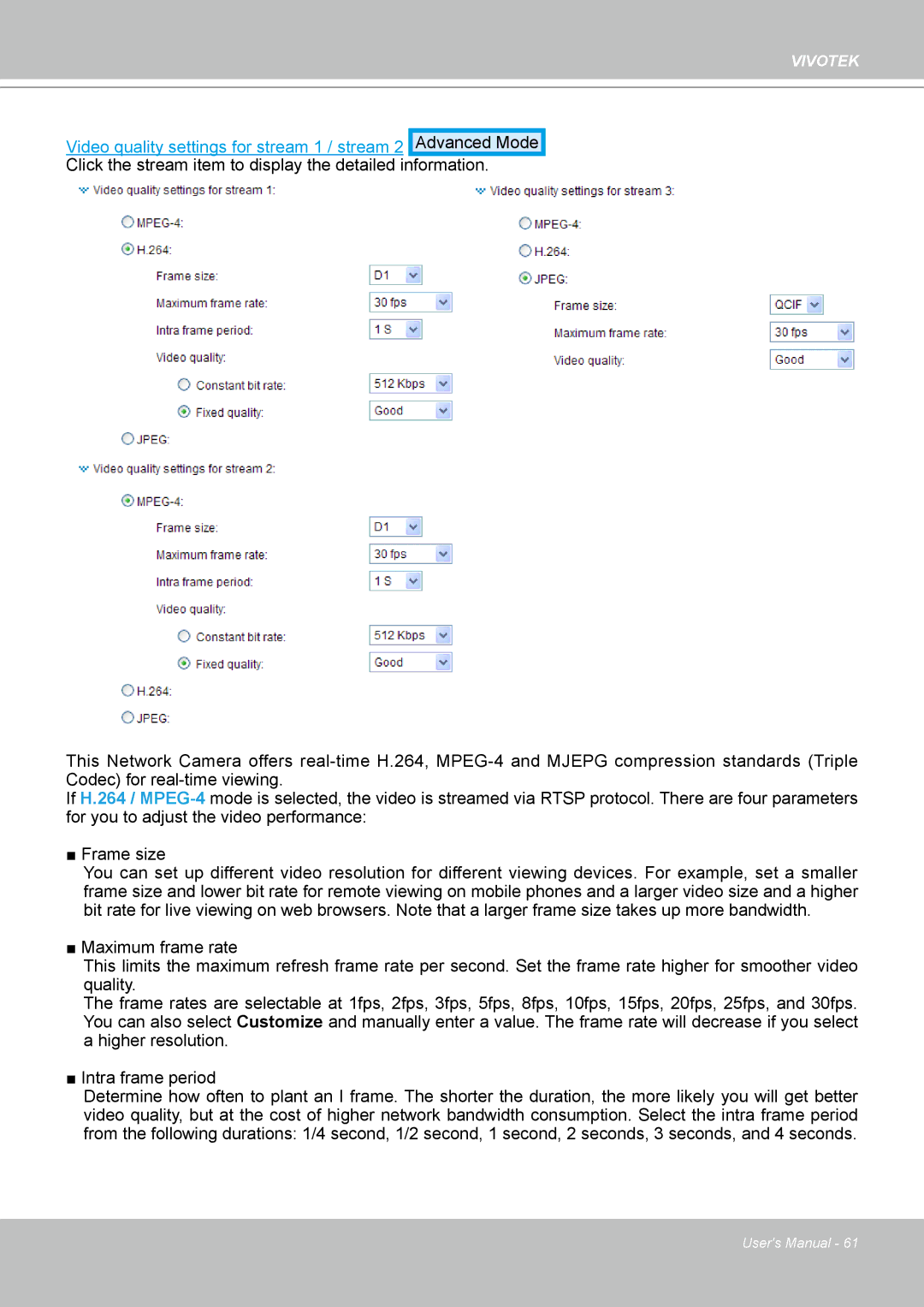 Vivotek SD8111 manual Video quality settings for stream 1 / stream 2 Advanced Mode 