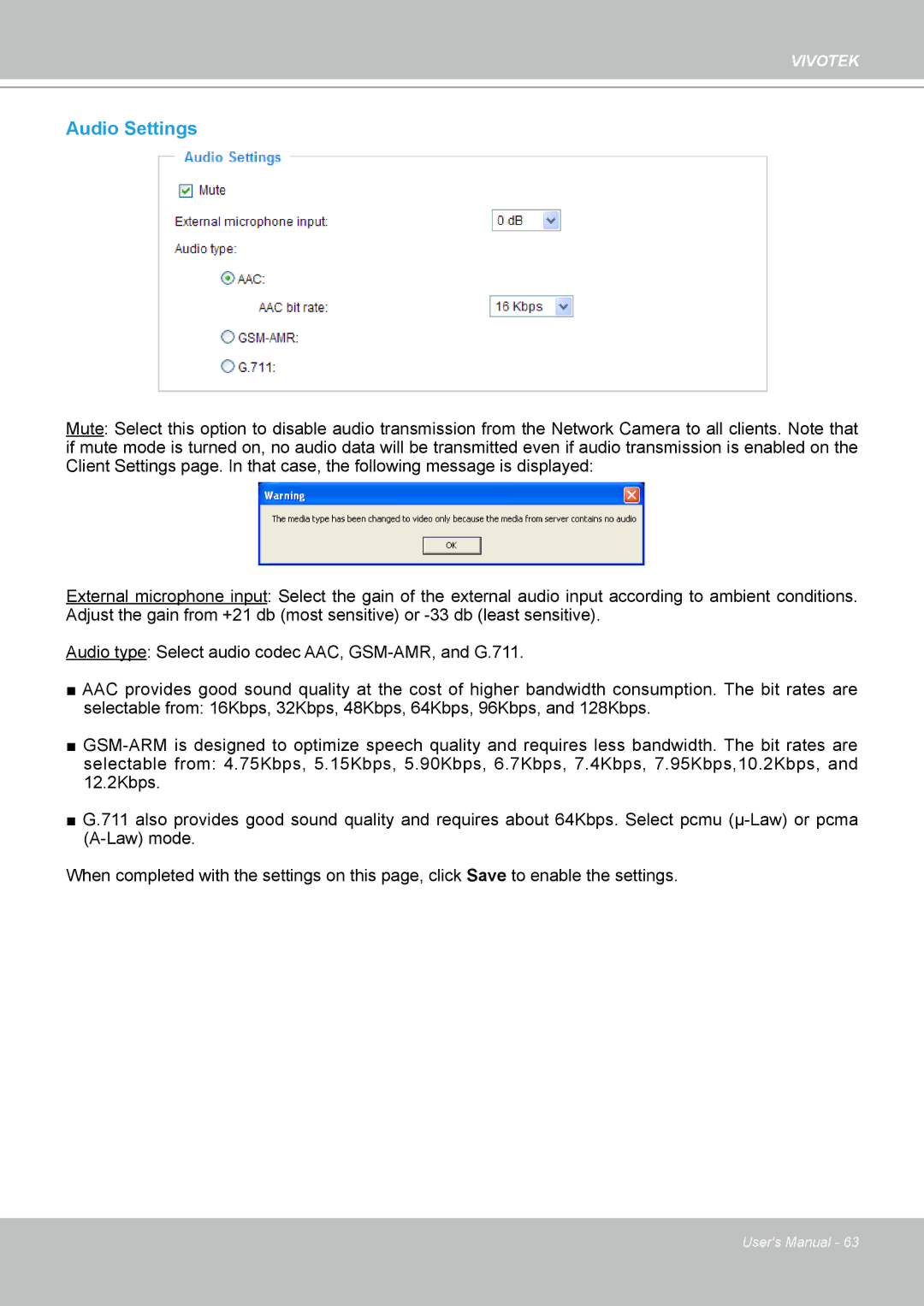 Vivotek SD8111 manual Audio Settings 