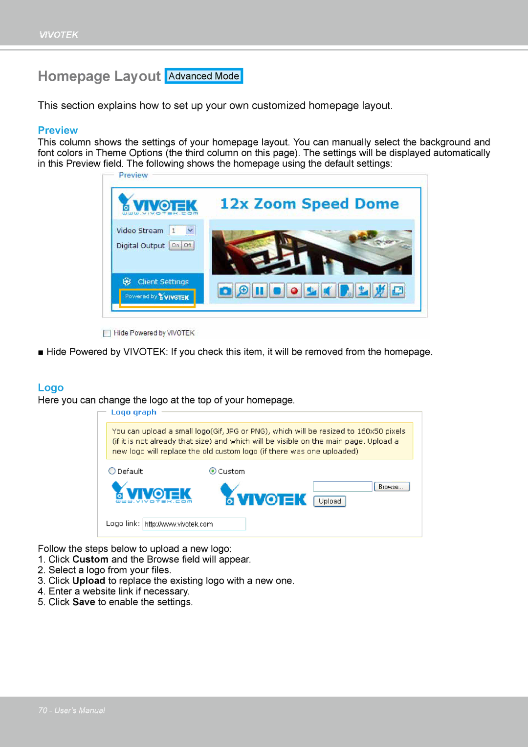 Vivotek SD8111 manual Homepage Layout, Preview, Logo 