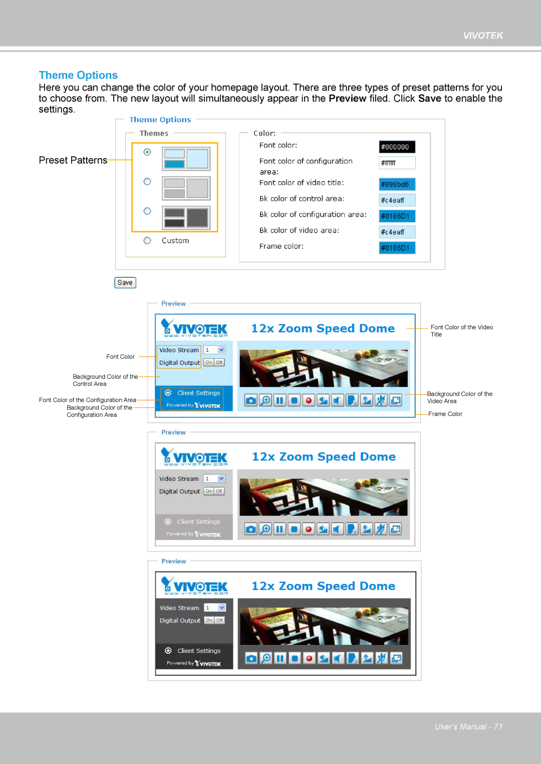 Vivotek SD8111 manual Theme Options 