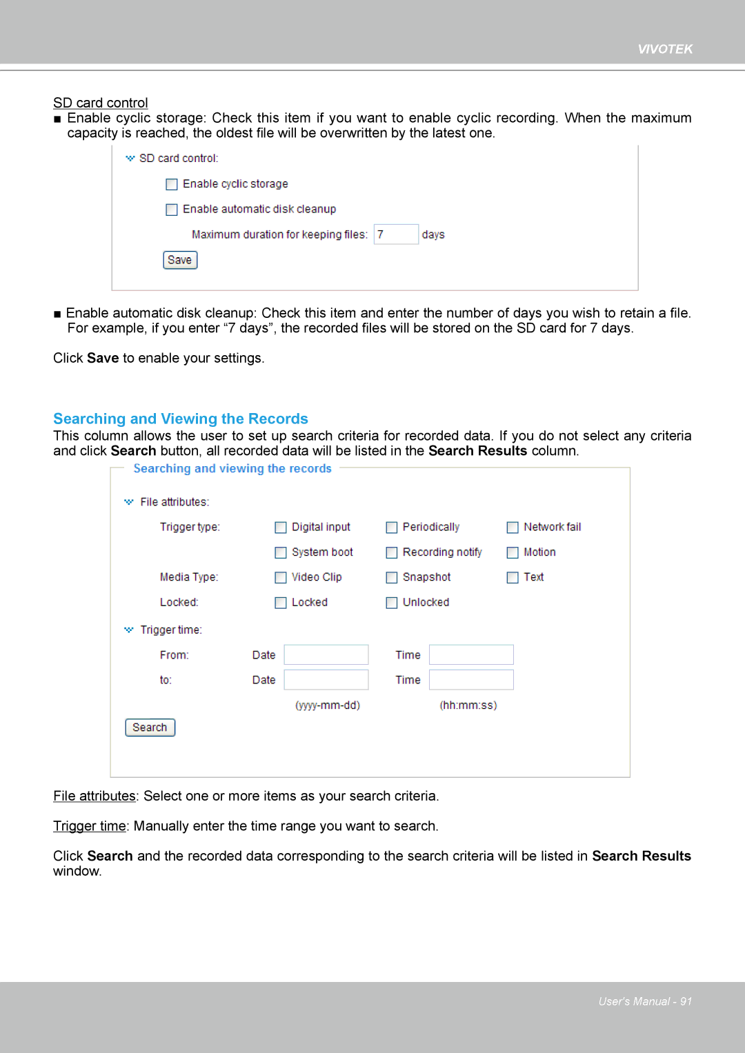 Vivotek SD8111 manual Searching and Viewing the Records 