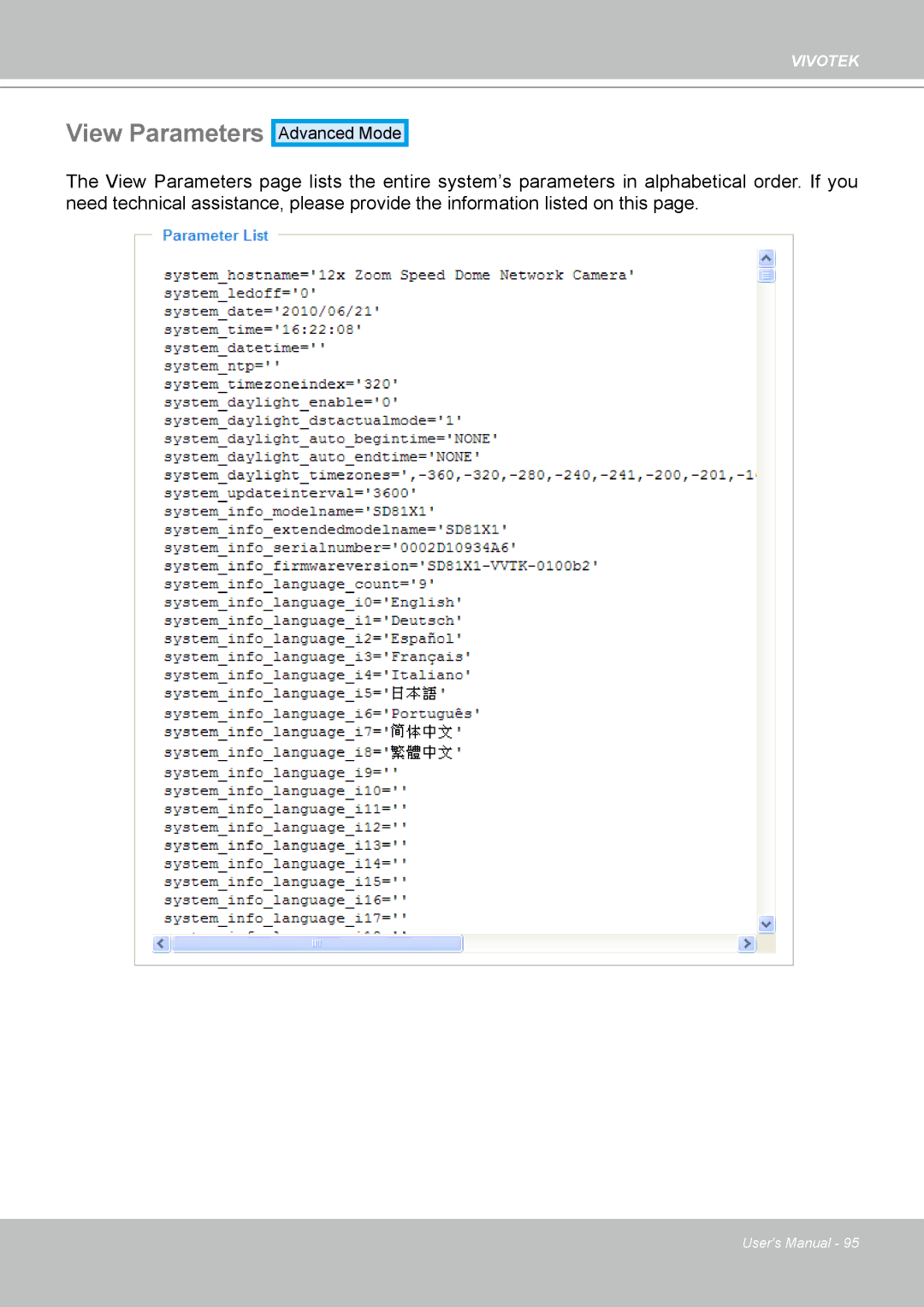 Vivotek SD8111 manual View Parameters 