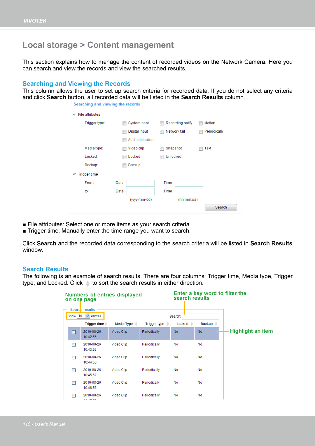 Vivotek SD8362E manual Local storage Content management, Searching and Viewing the Records, Search Results 