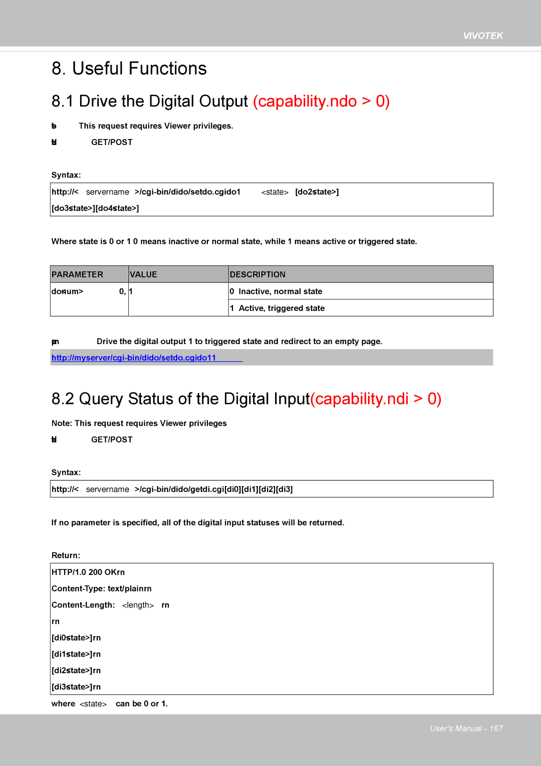 Vivotek SD8362E manual Drive the Digital Output capability.ndo, Query Status of the Digital Input capability.ndi 