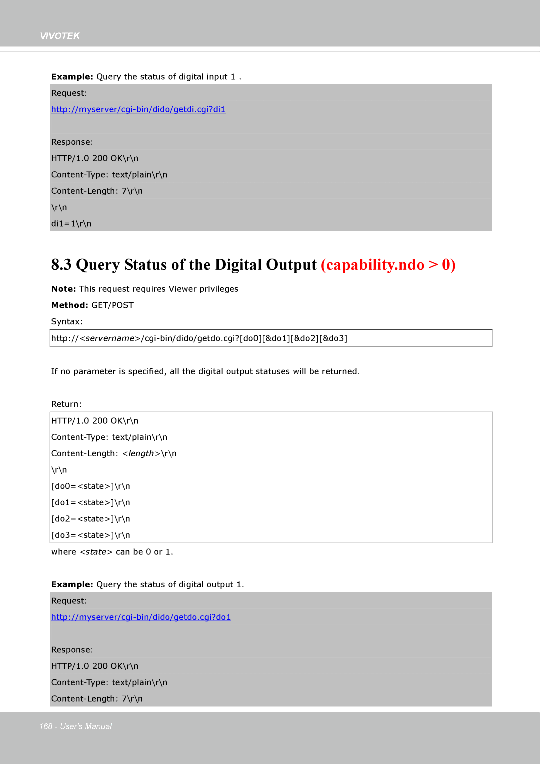 Vivotek SD8362E manual Query Status of the Digital Output capability.ndo, Http//myserver/cgi-bin/dido/getdi.cgi?di1 