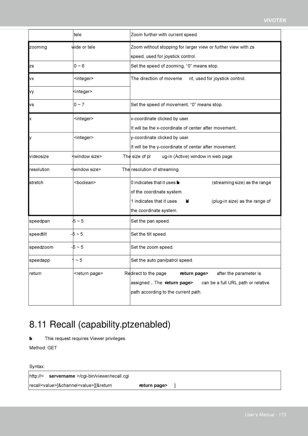 Vivotek SD8362E manual Recall capability.ptzenabled 