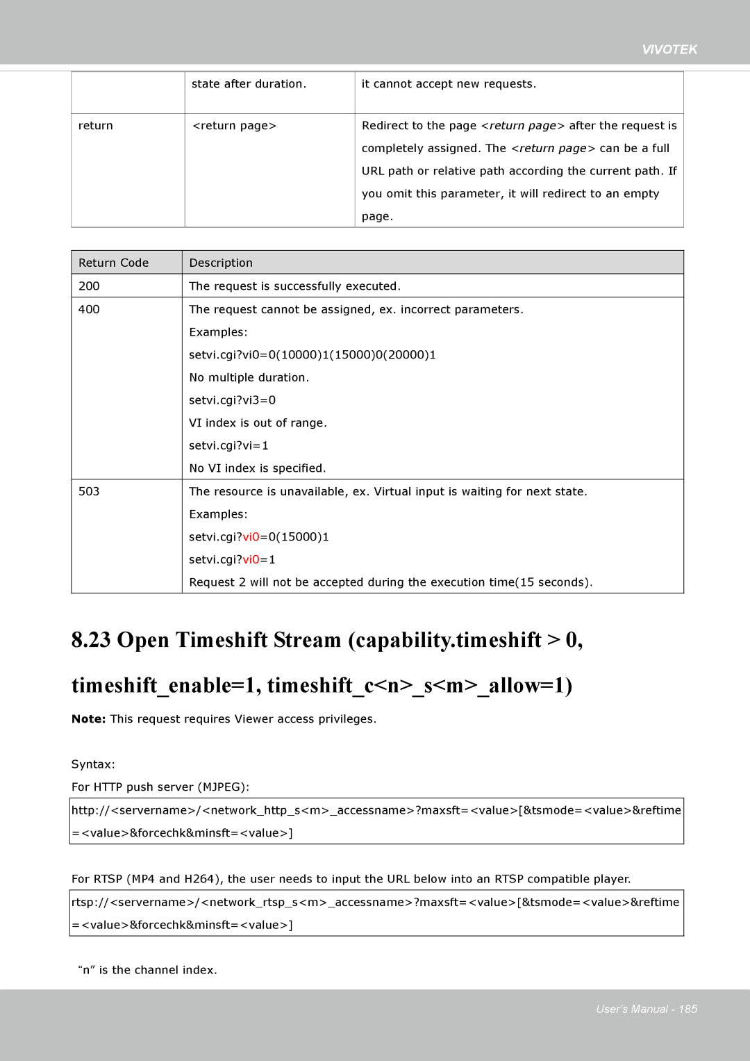 Vivotek SD8362E manual State after duration It cannot accept new requests Return 