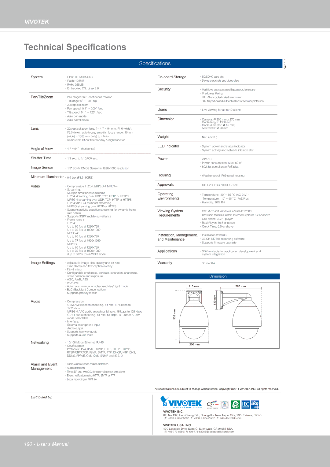 Vivotek SD8362E manual Technical Specifications, Speciﬁcations 