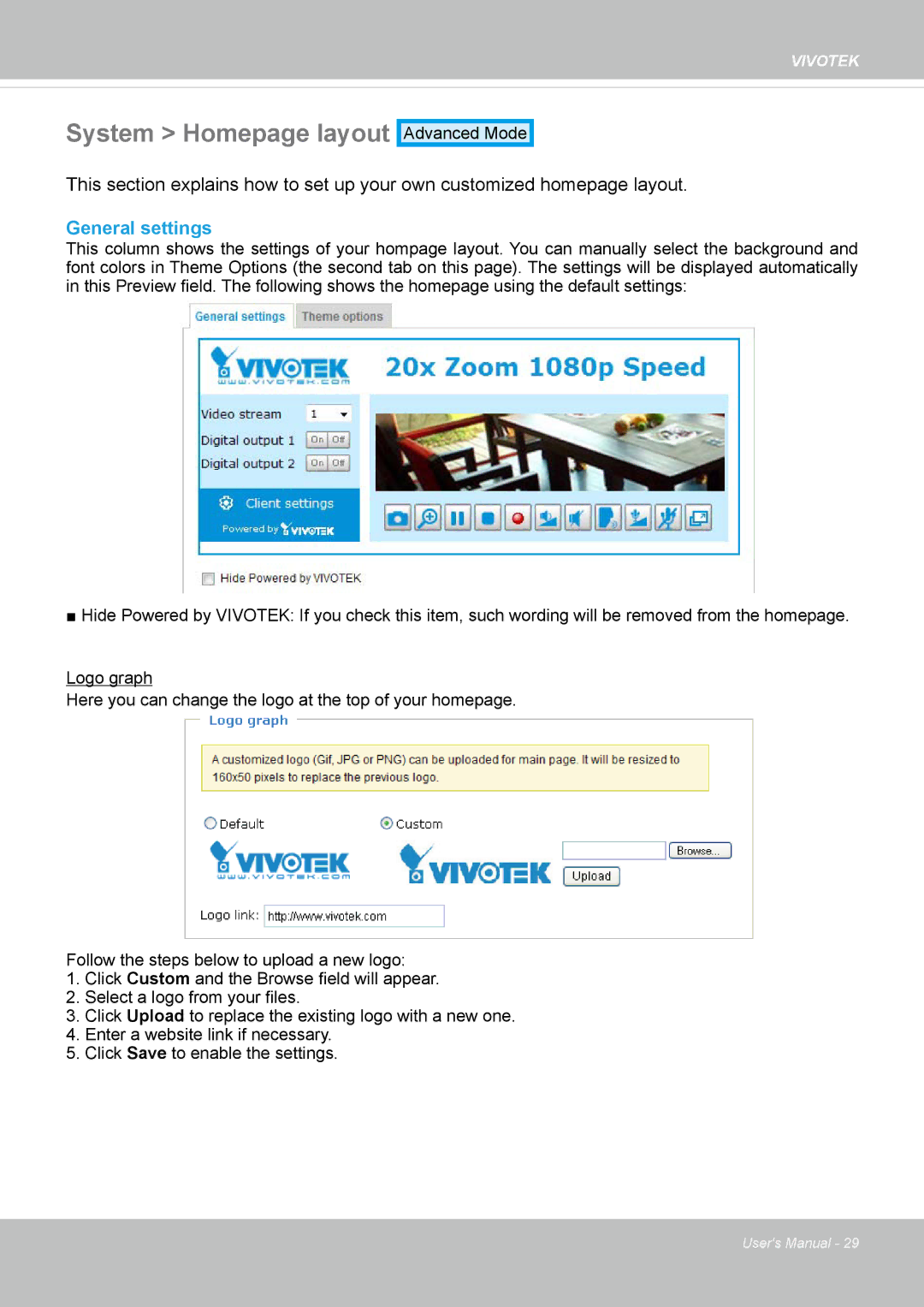 Vivotek SD8362E manual System Homepage layout, General settings 