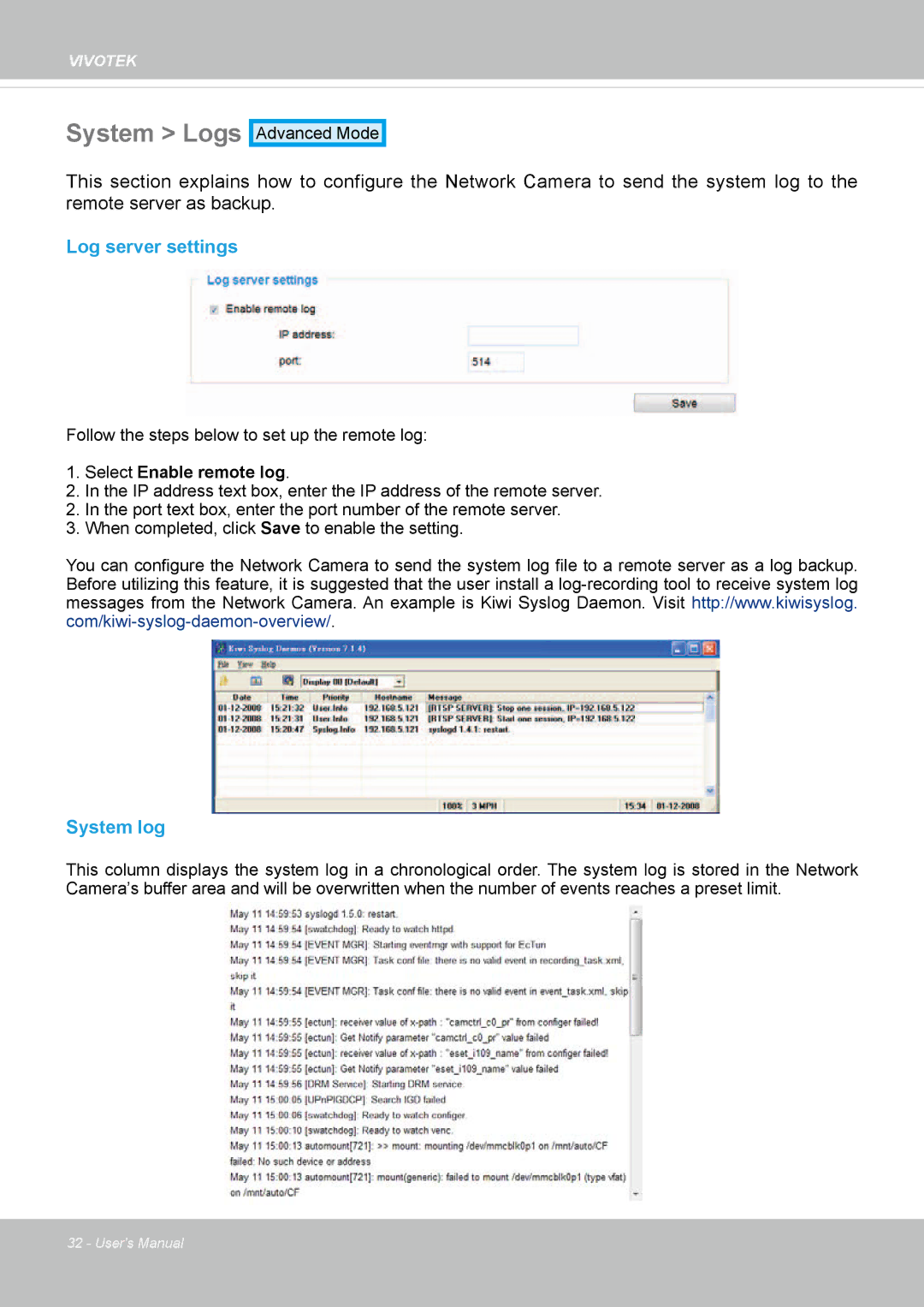 Vivotek SD8362E manual System Logs, Log server settings, System log 