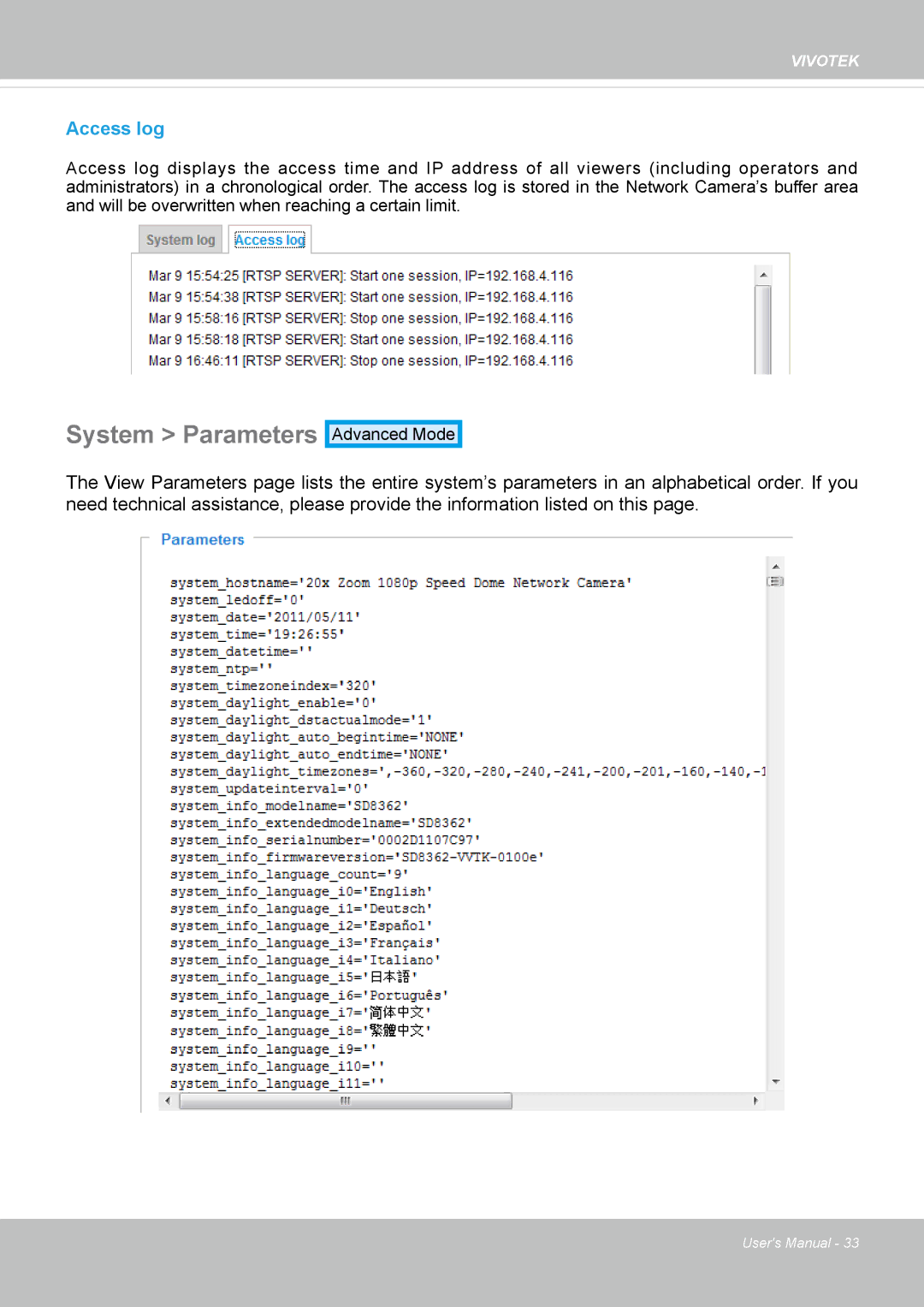 Vivotek SD8362E manual System Parameters, Access log 