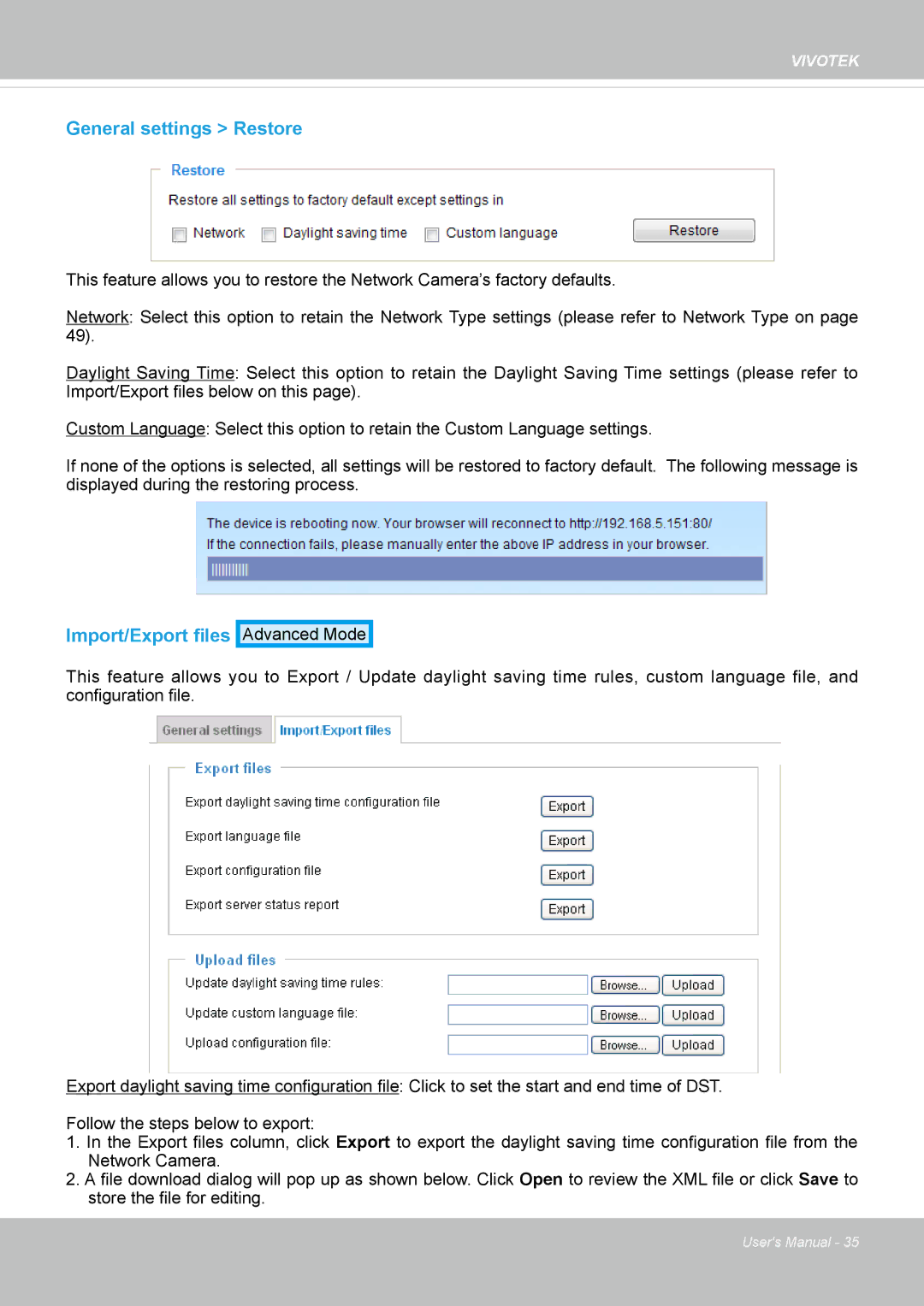 Vivotek SD8362E manual General settings Restore, Import/Export files 