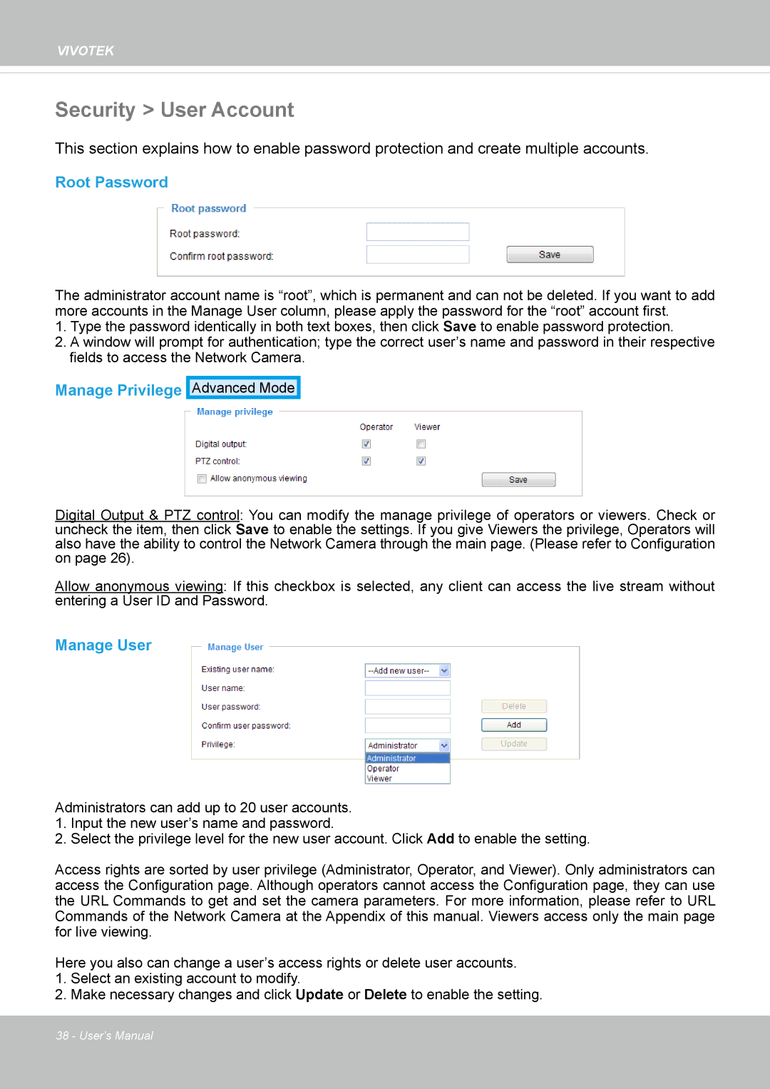 Vivotek SD8362E manual Security User Account, Root Password, Manage Privilege, Manage User 