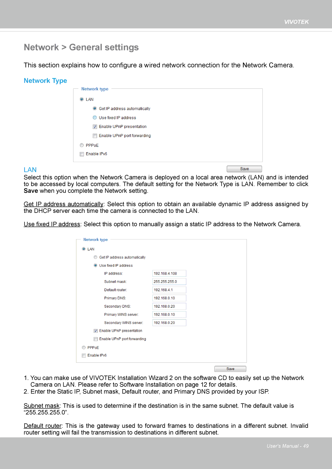 Vivotek SD8362E manual Network General settings, Network Type 