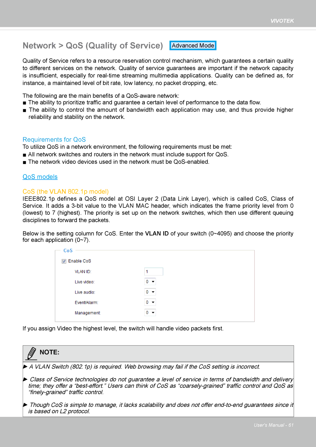 Vivotek SD8362E manual Network QoS Quality of Service, Requirements for QoS 