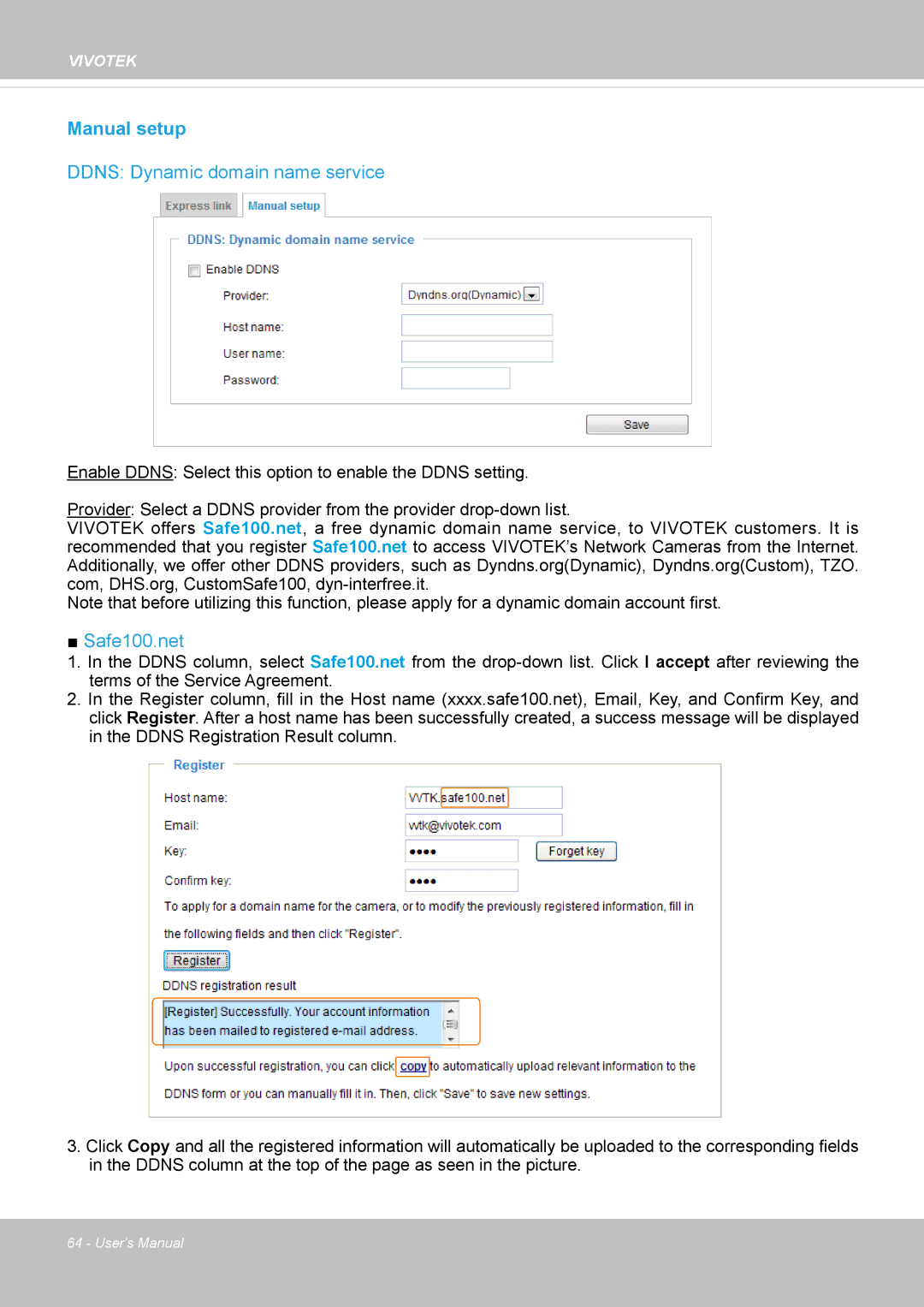 Vivotek SD8362E manual Manual setup, Ddns Dynamic domain name service 