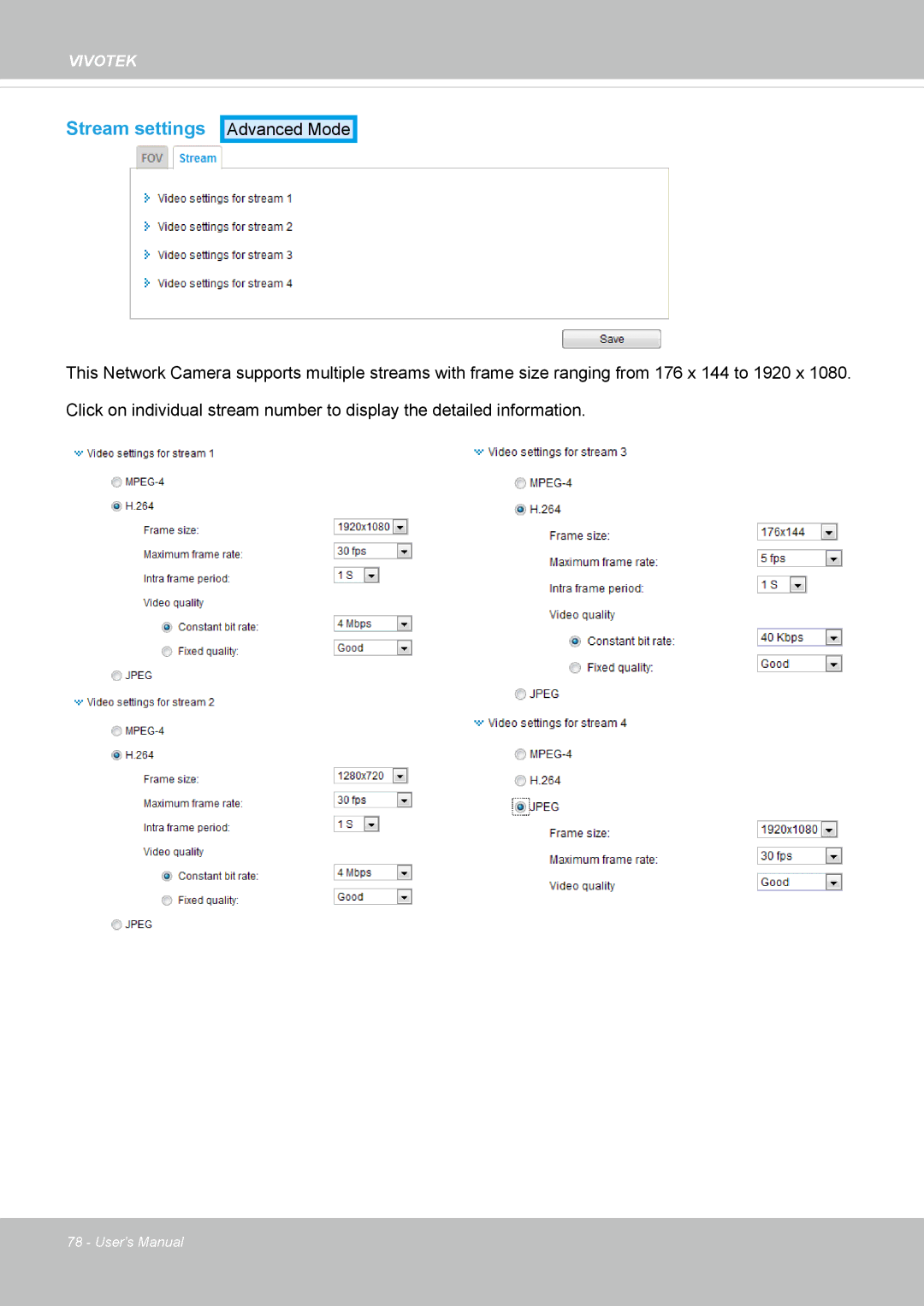 Vivotek SD8362E manual Stream settings 