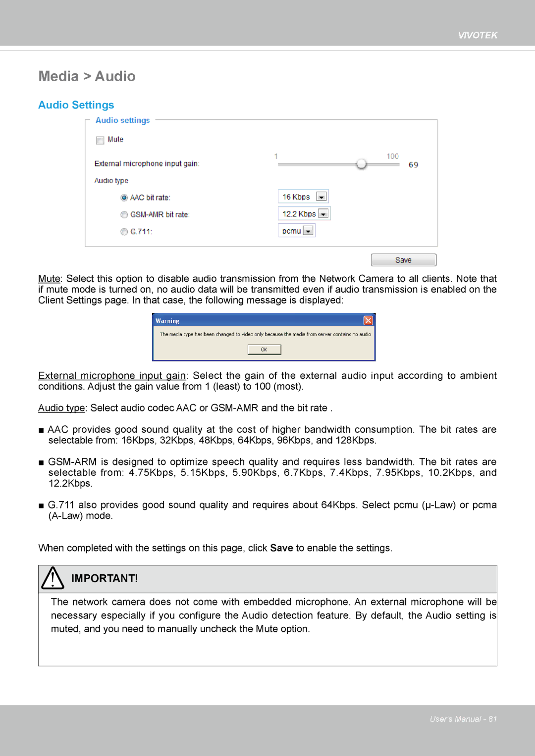 Vivotek SD8362E manual Media Audio, Audio Settings 