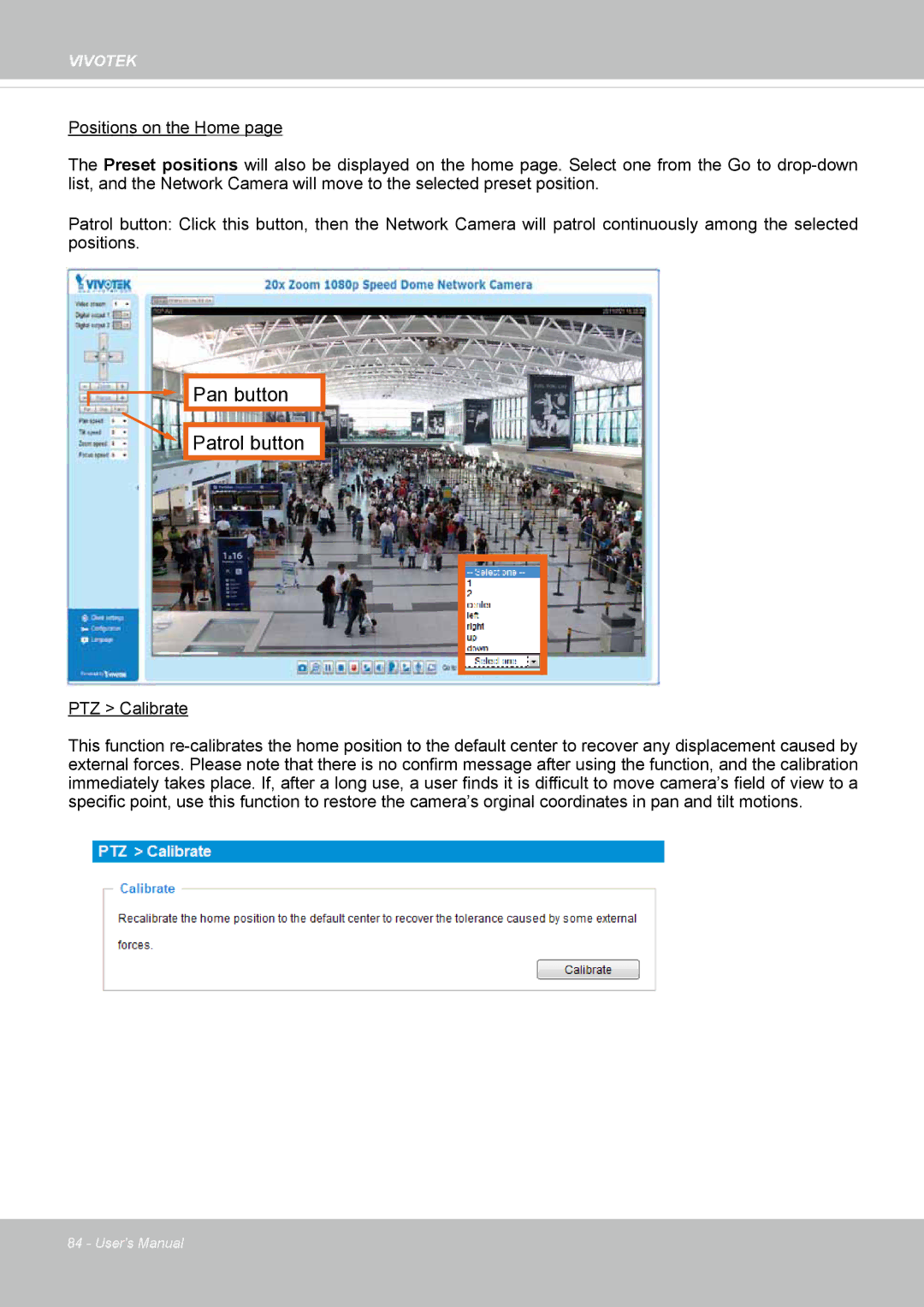 Vivotek SD8362E manual Pan button Patrol button 