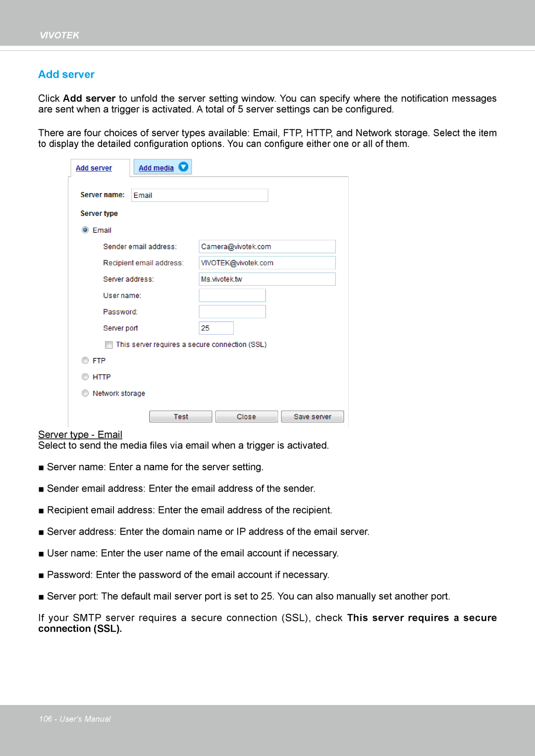 Vivotek SD8363E, 63E-M user manual Add server 