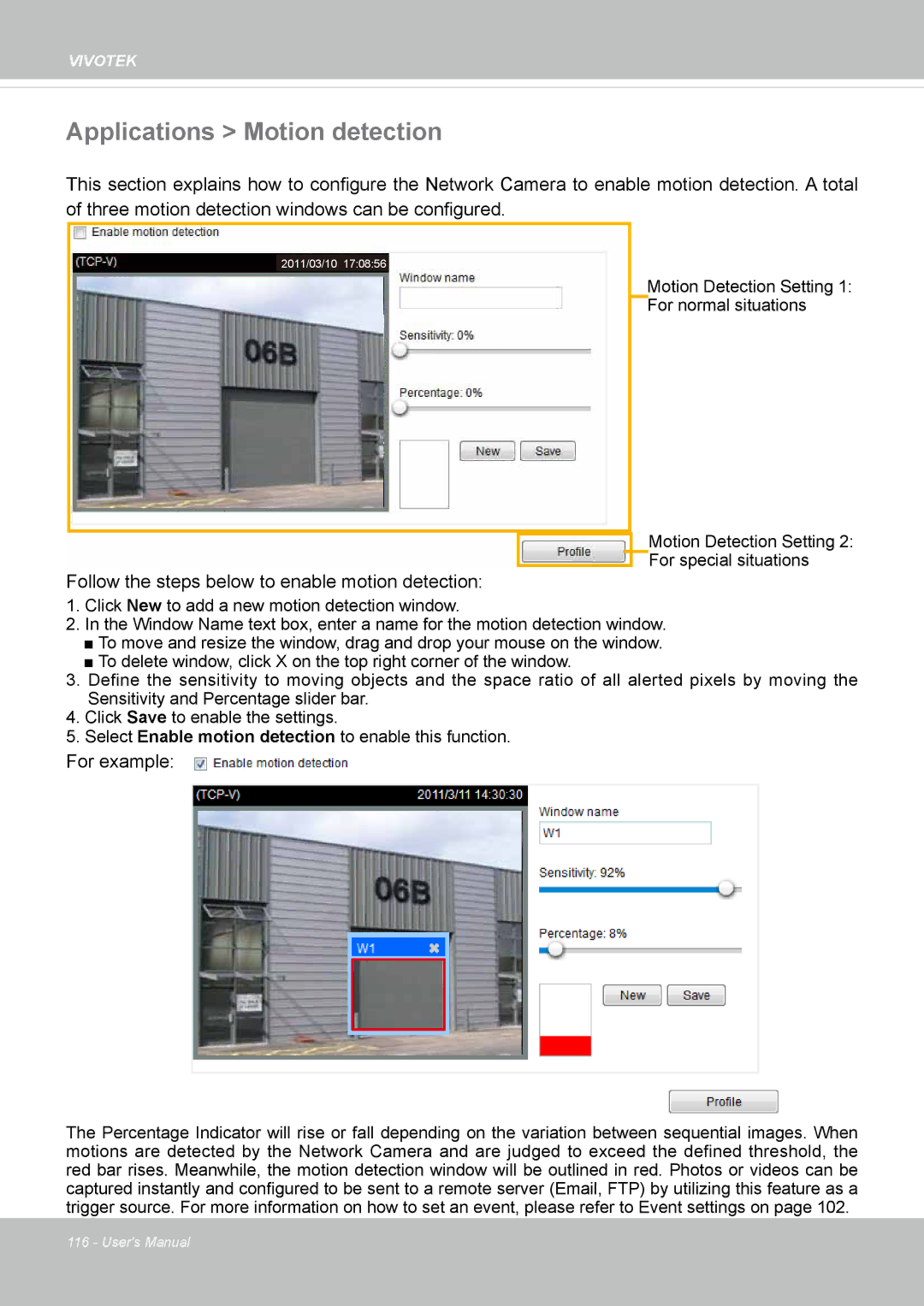 Vivotek SD8363E, 63E-M user manual Applications Motion detection 