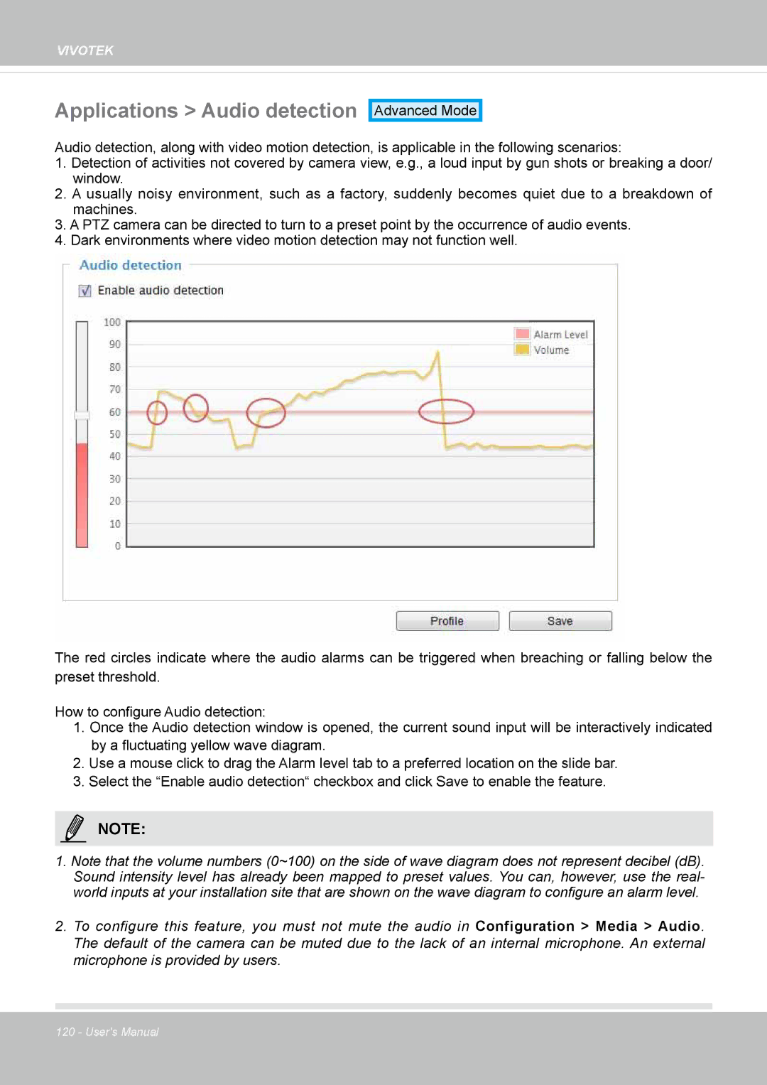 Vivotek SD8363E, 63E-M user manual Applications Audio detection 