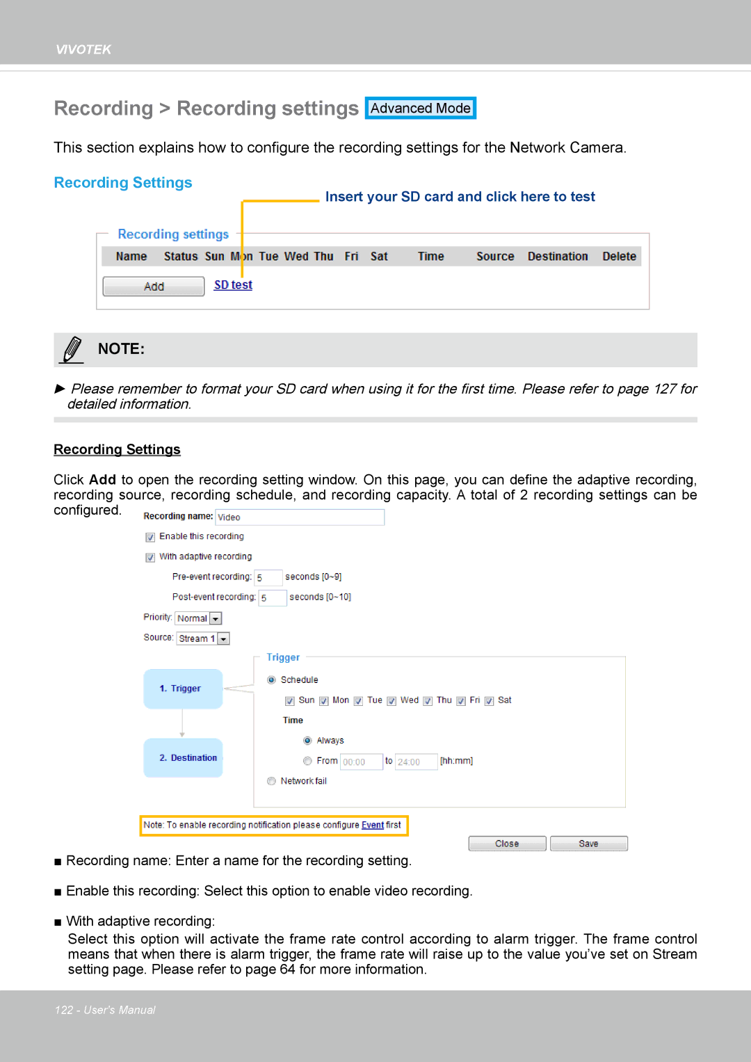 Vivotek SD8363E, 63E-M user manual Recording Recording settings, Recording Settings 