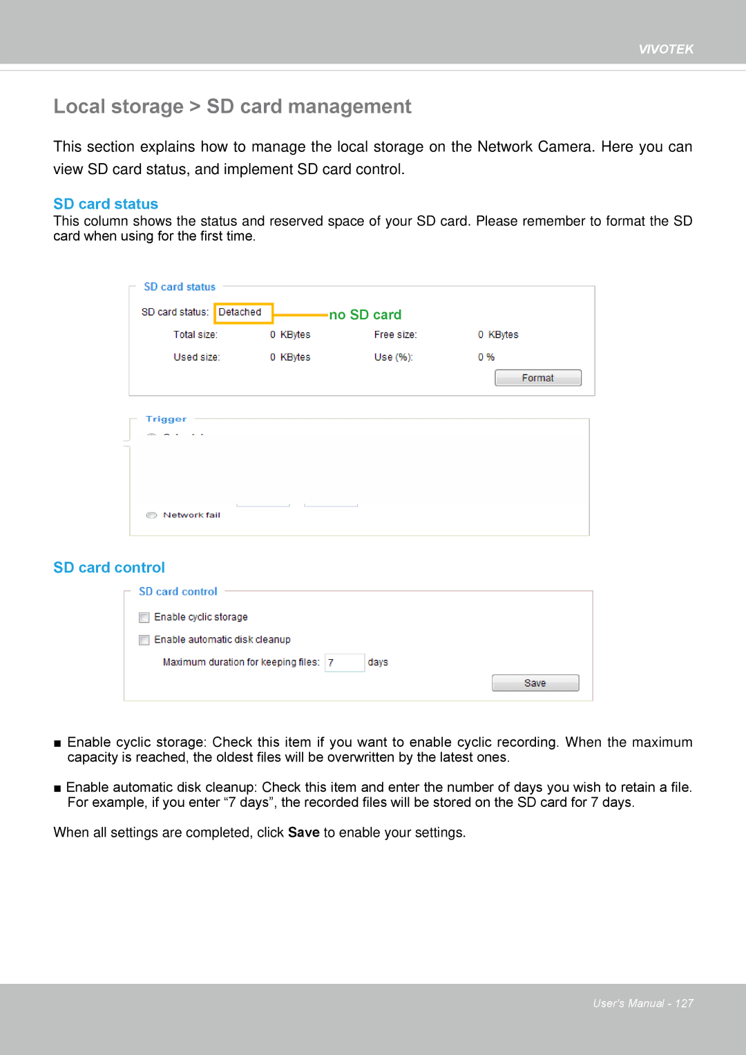 Vivotek 63E-M, SD8363E user manual Local storage SD card management, SD card status, SD card control 