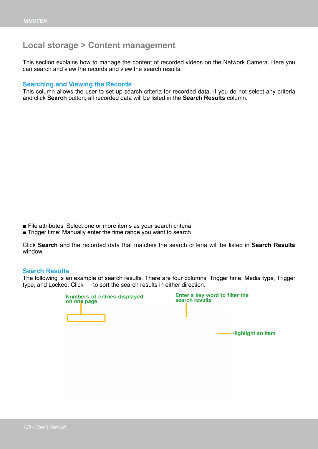 Vivotek SD8363E, 63E-M user manual Local storage Content management, Searching and Viewing the Records, Search Results 