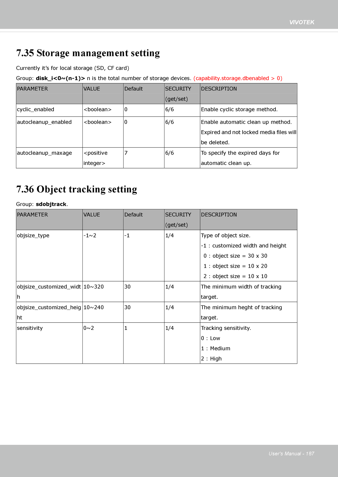 Vivotek 63E-M, SD8363E user manual Storage management setting, Object tracking setting 