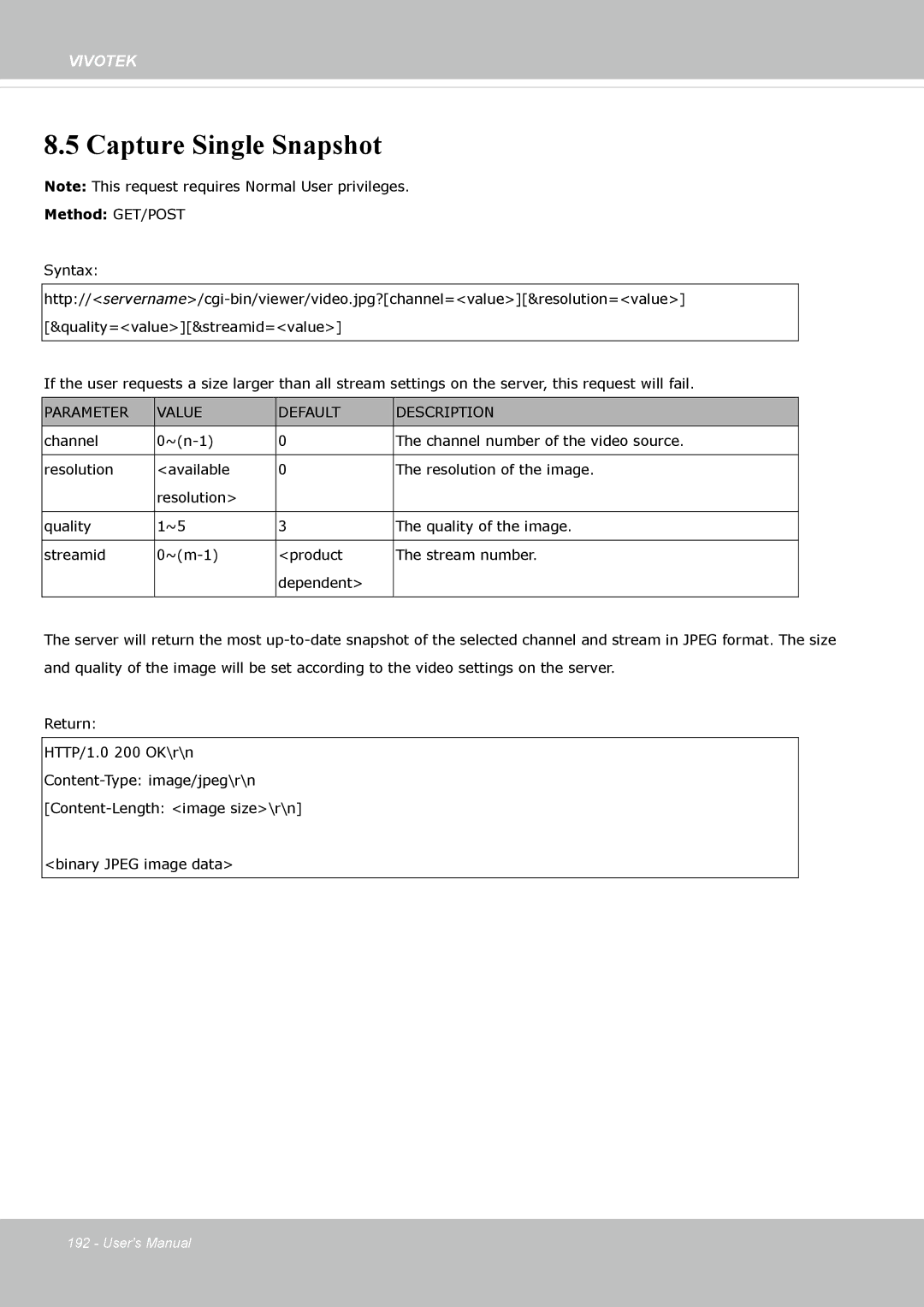 Vivotek SD8363E, 63E-M user manual Capture Single Snapshot, Parameter Value Default Description 