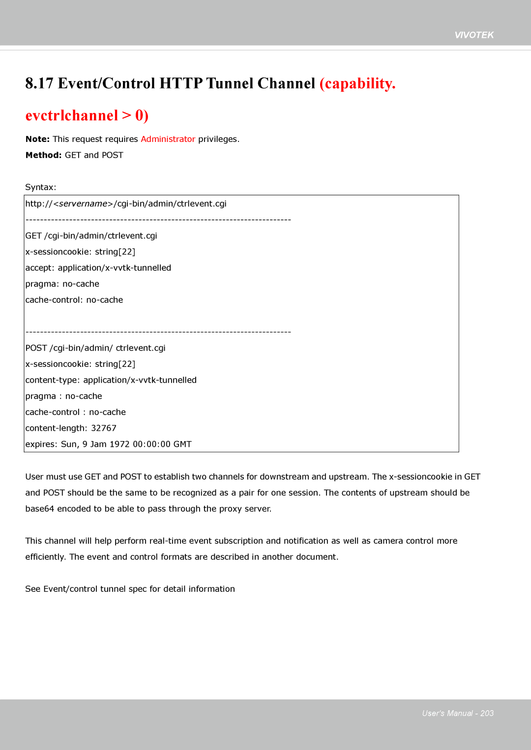 Vivotek 63E-M, SD8363E user manual Event/Control Http Tunnel Channel capability. evctrlchannel 