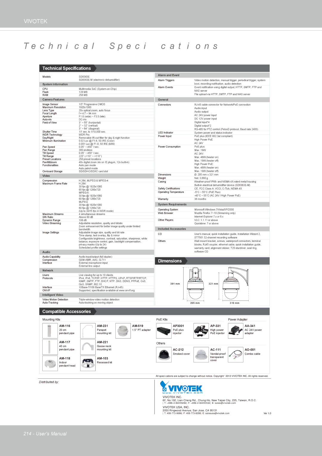 Vivotek SD8363E, 63E-M user manual Technical Specifications 