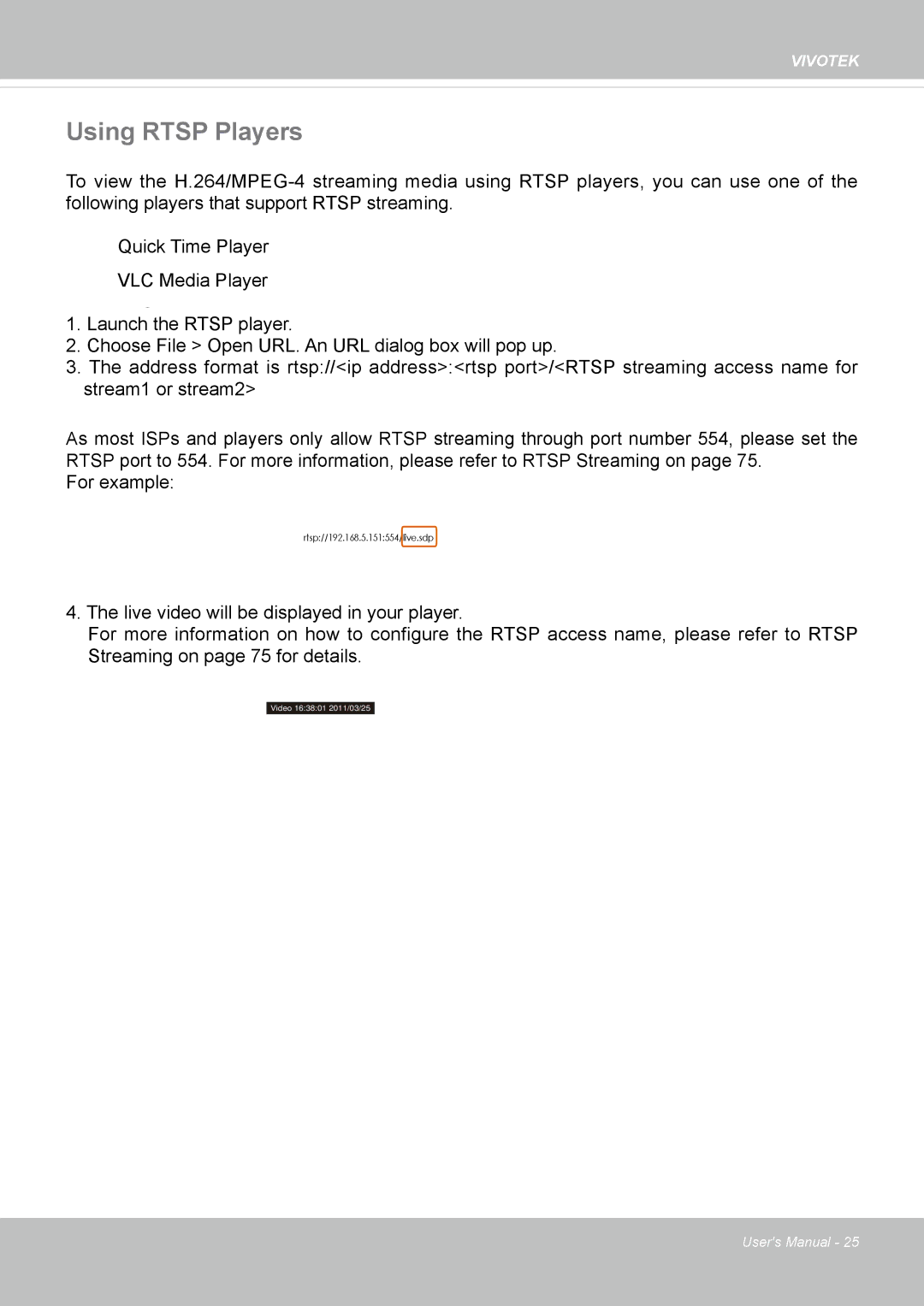 Vivotek 63E-M, SD8363E user manual Using Rtsp Players 
