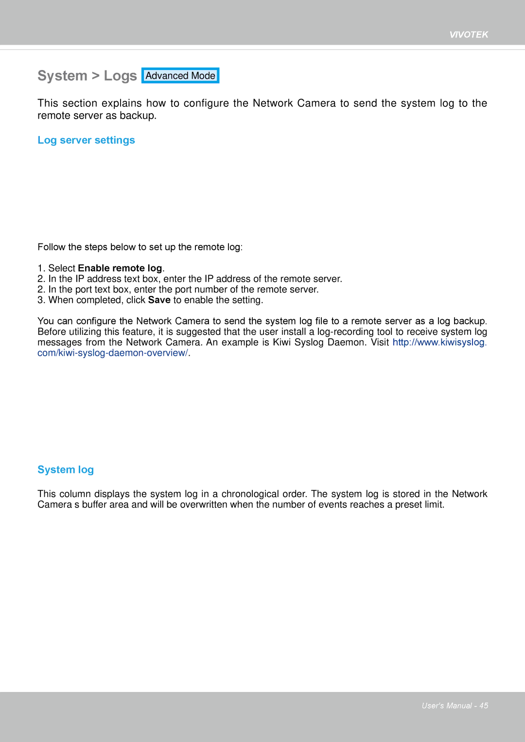 Vivotek 63E-M, SD8363E user manual System Logs, Log server settings, System log 