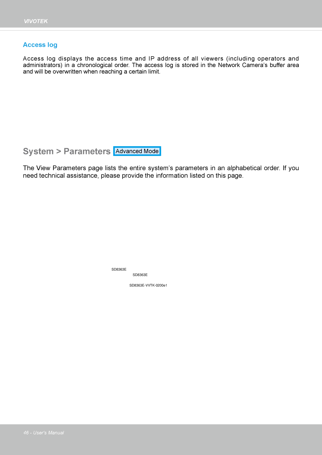 Vivotek SD8363E, 63E-M user manual System Parameters, Access log 