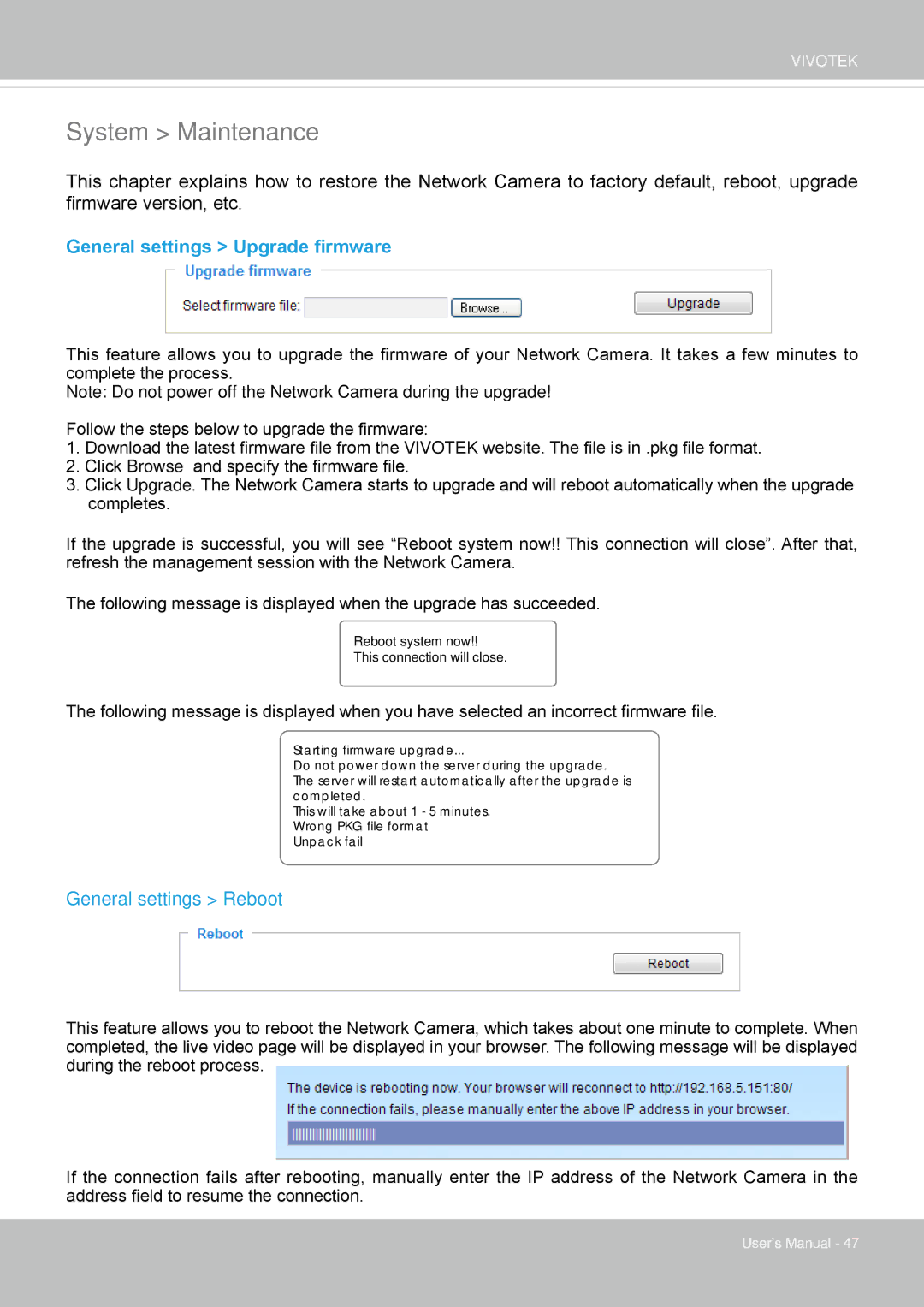 Vivotek 63E-M, SD8363E user manual System Maintenance, General settings Upgrade firmware, General settings Reboot 