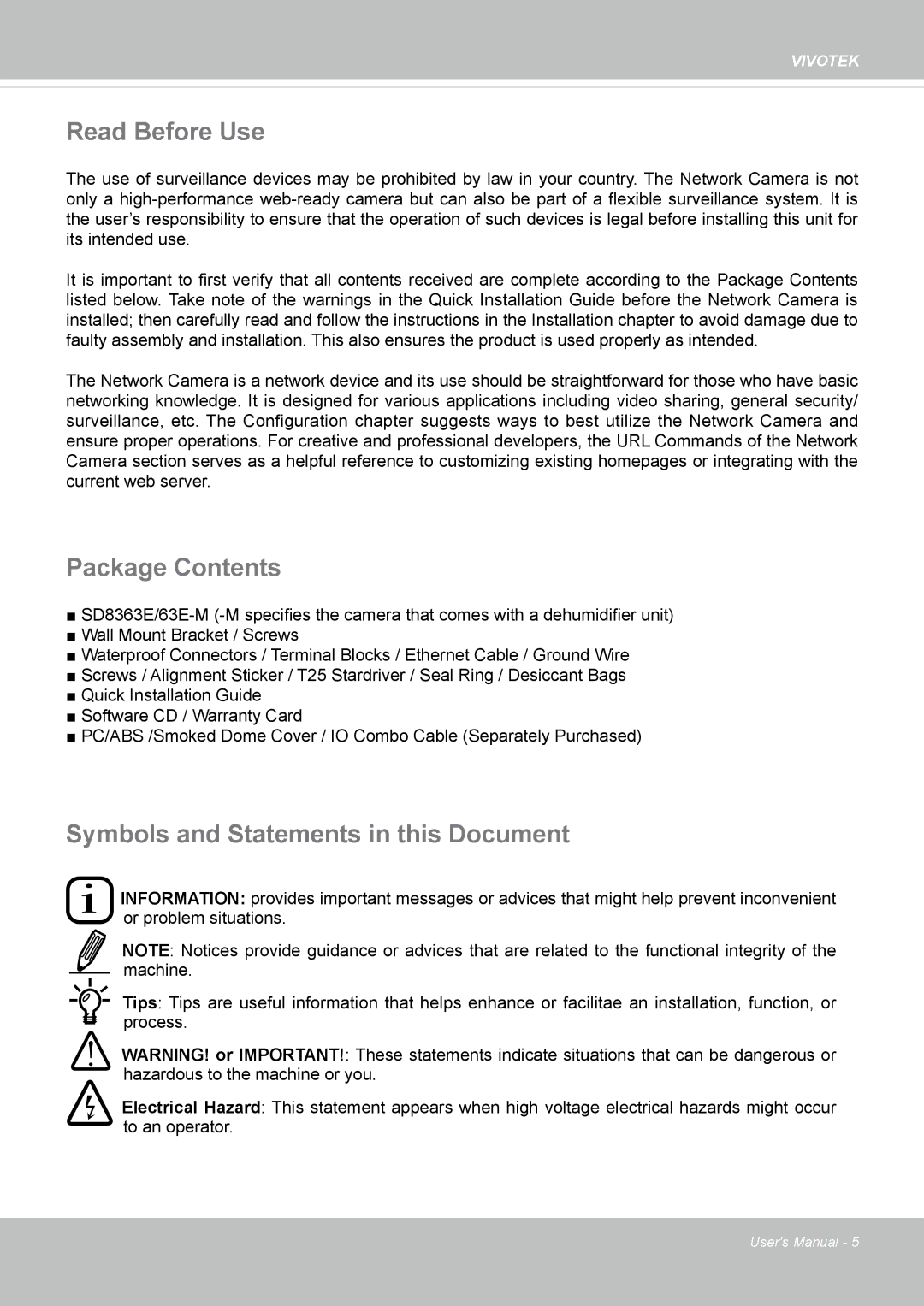 Vivotek 63E-M, SD8363E user manual Read Before Use, Package Contents, Symbols and Statements in this Document 